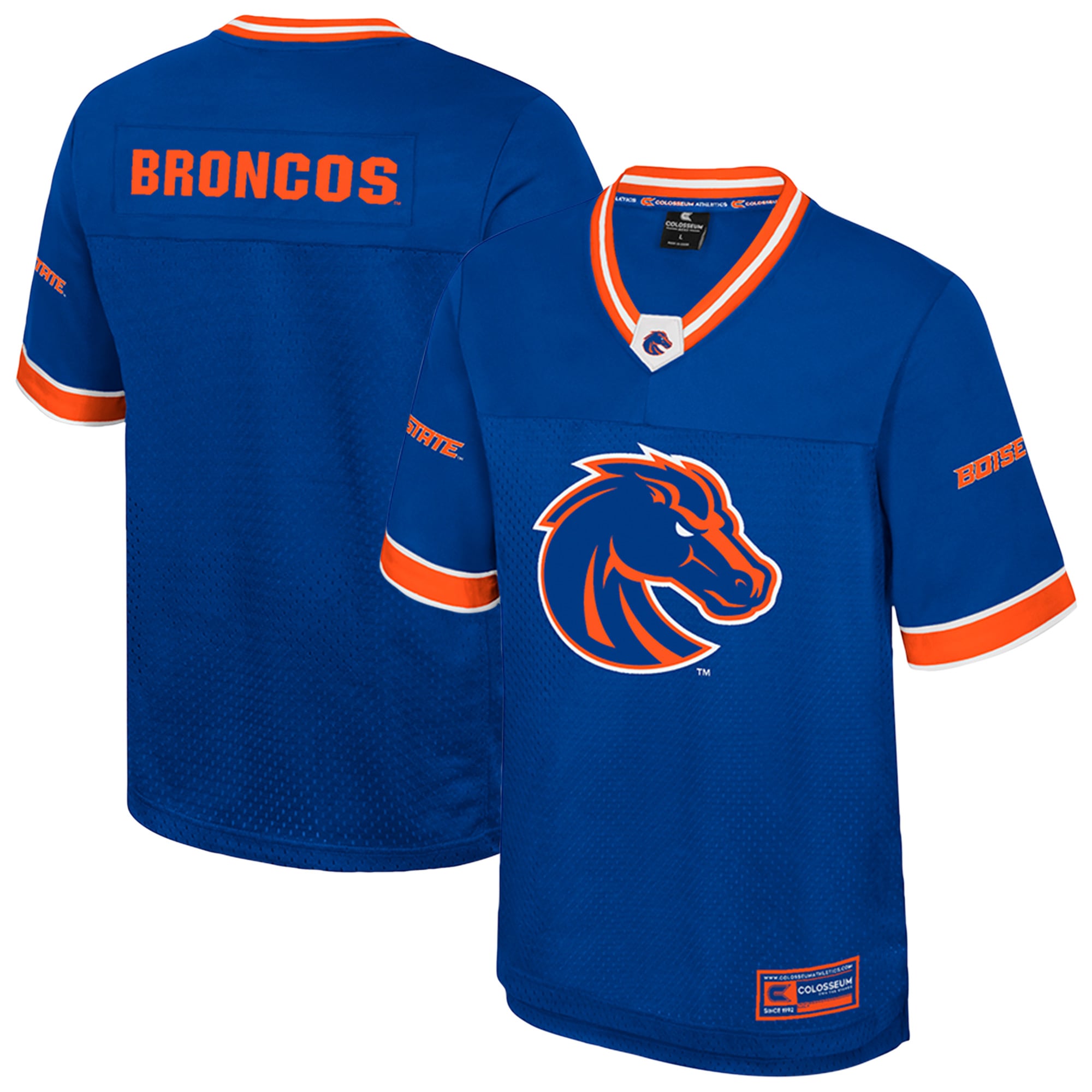 Boise State Broncos Nothing But The Hits Football Jersey Royal - front and back view