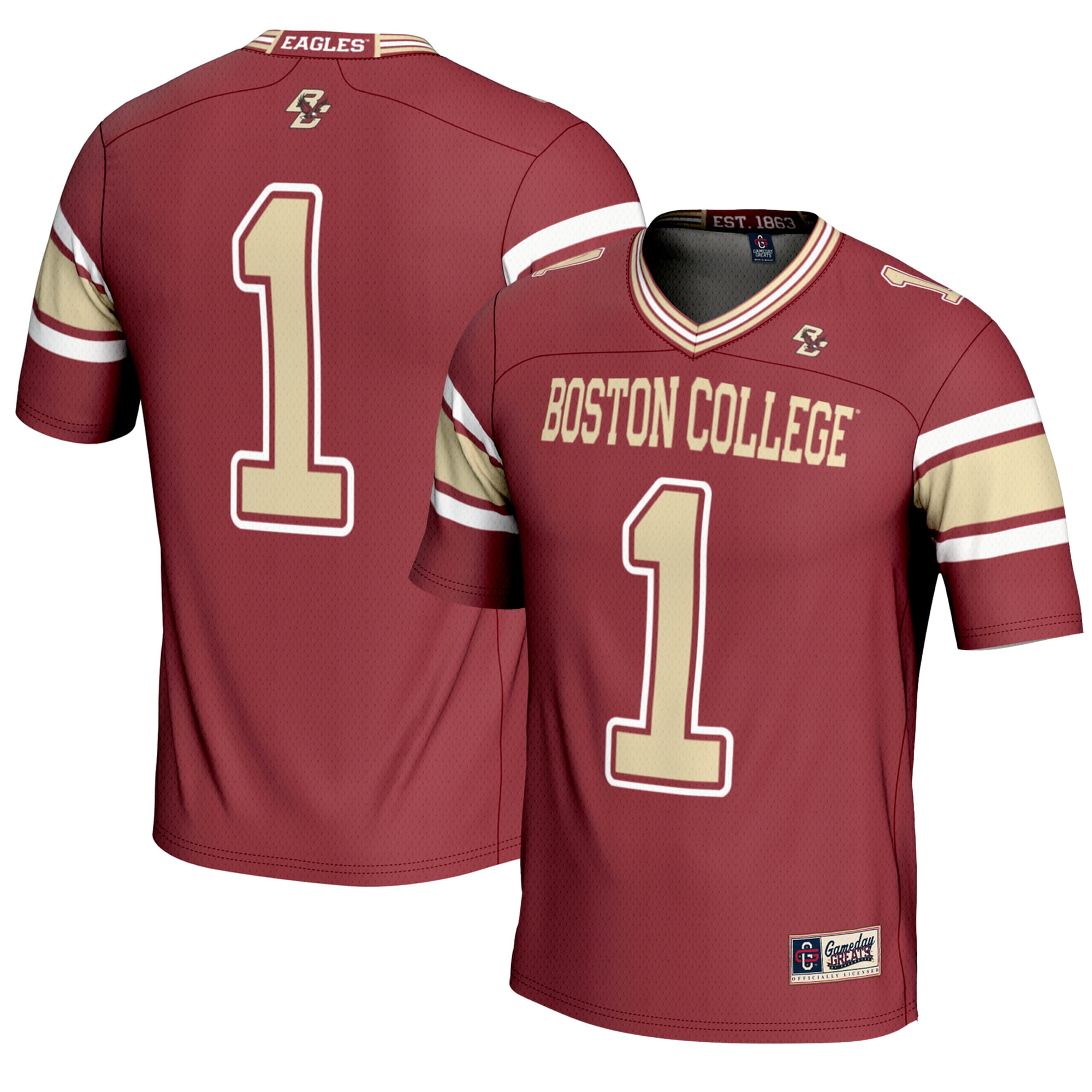 #1 Boston College Eagles Youth Football Jersey Maroon - front and back view