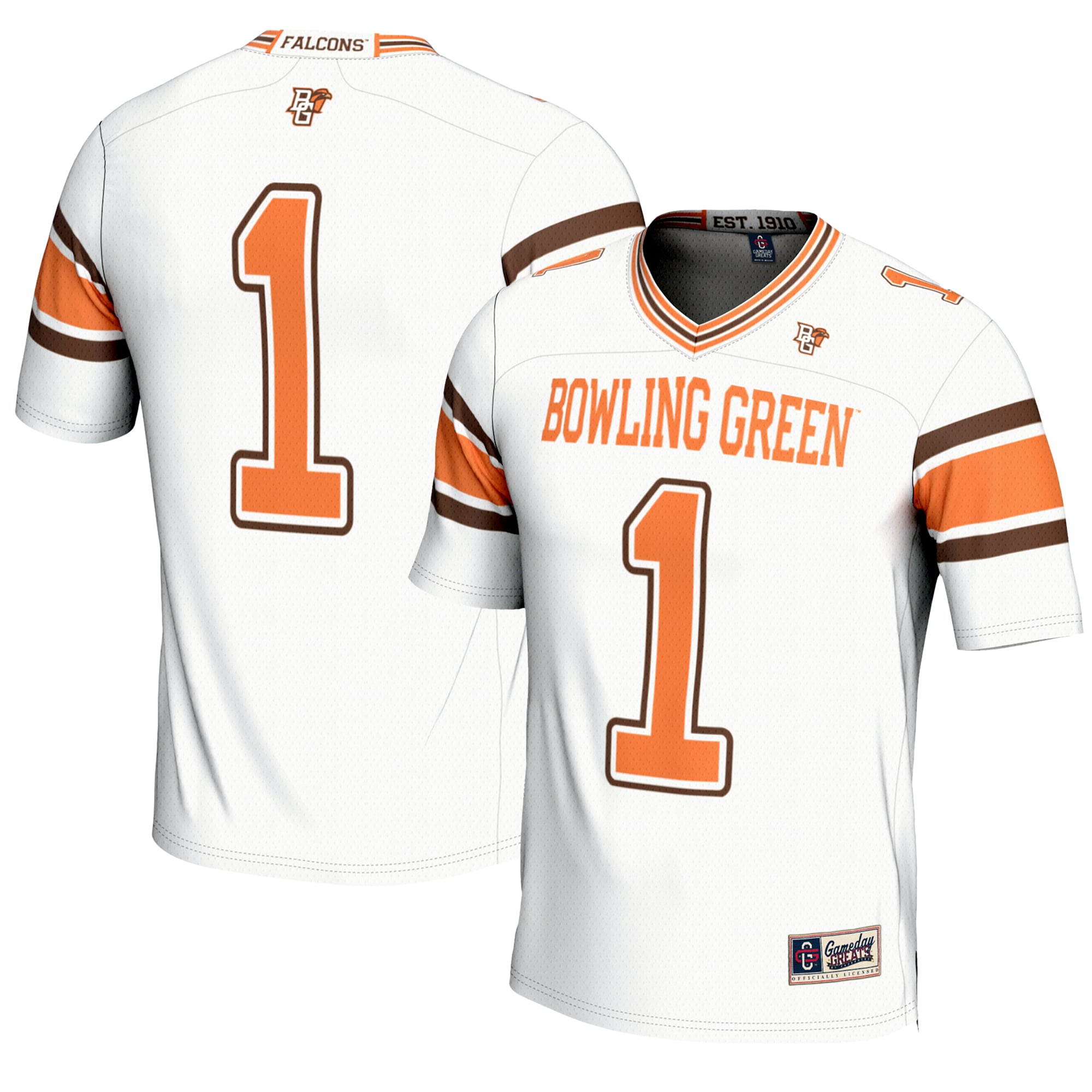 #1 Bowling Green St. Falcons Youth Endzone Football Jersey White - front and back view