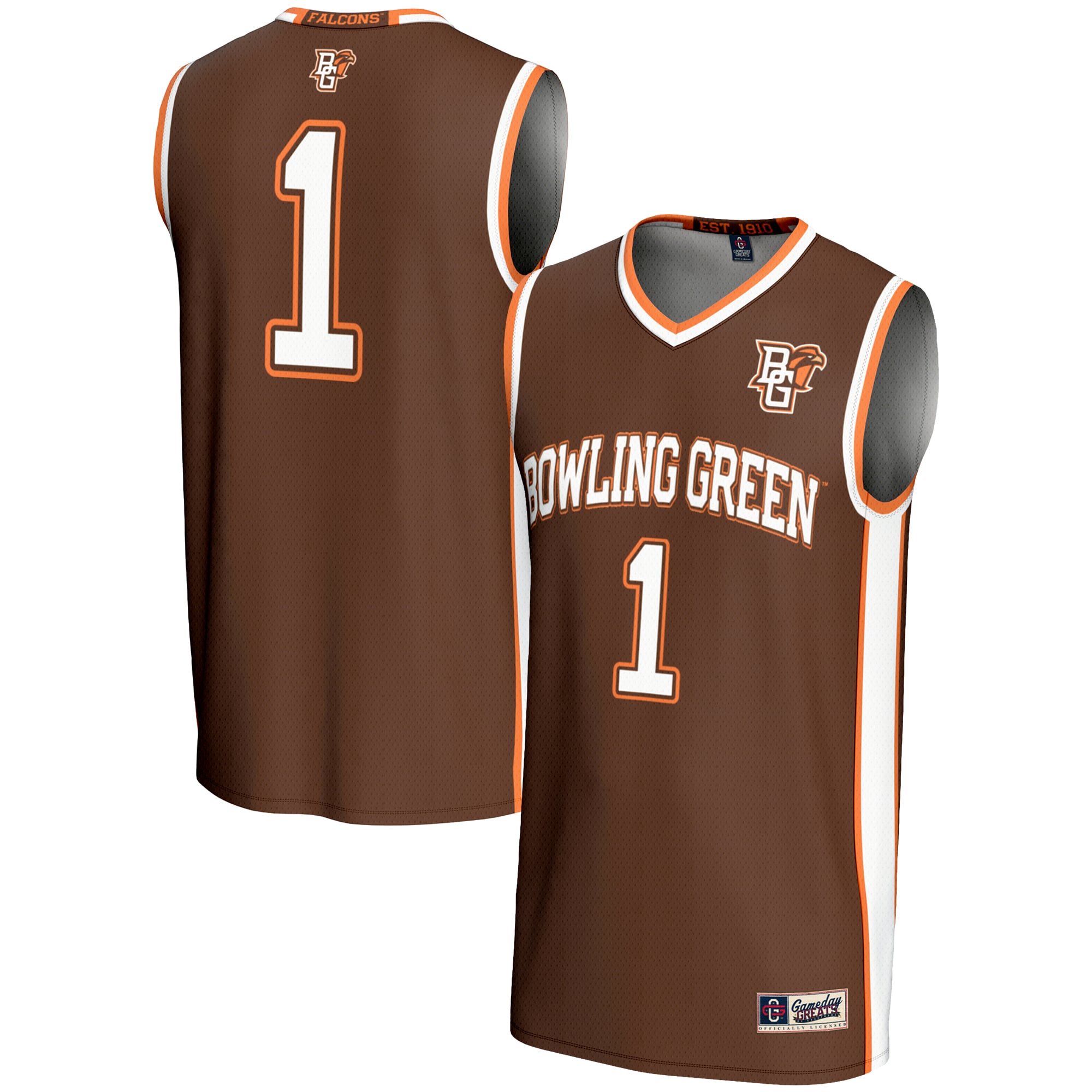 #1 Bowling Green St. Falcons Youth Lightweight Basketball Jersey Brown - front and back view
