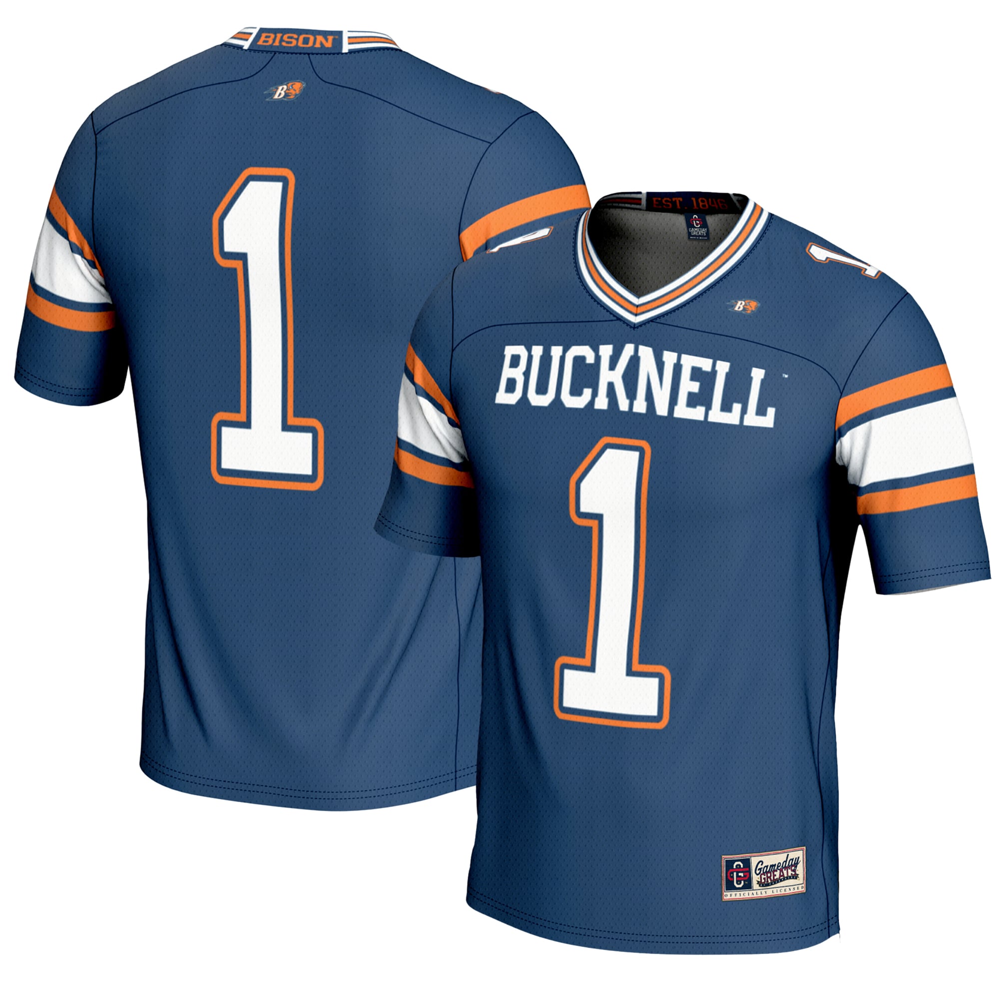 #1 Bucknell Bison Endzone Football Jersey Blue - front and back view