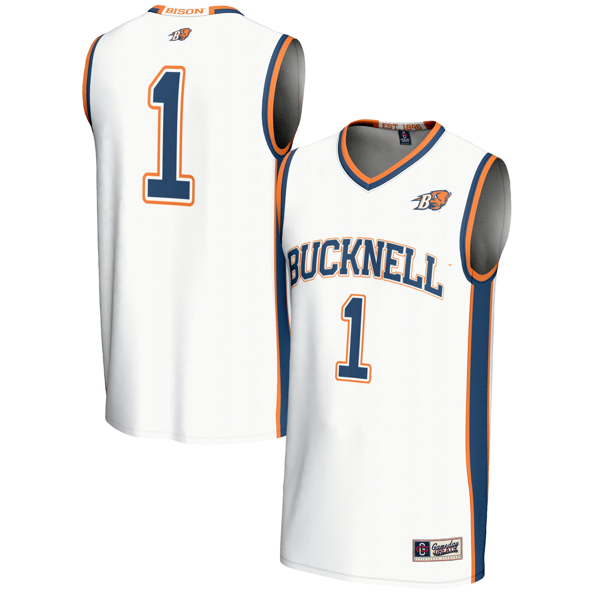 #1 Bucknell Bison Unisex Lightweight Basketball Jersey White - front and back view