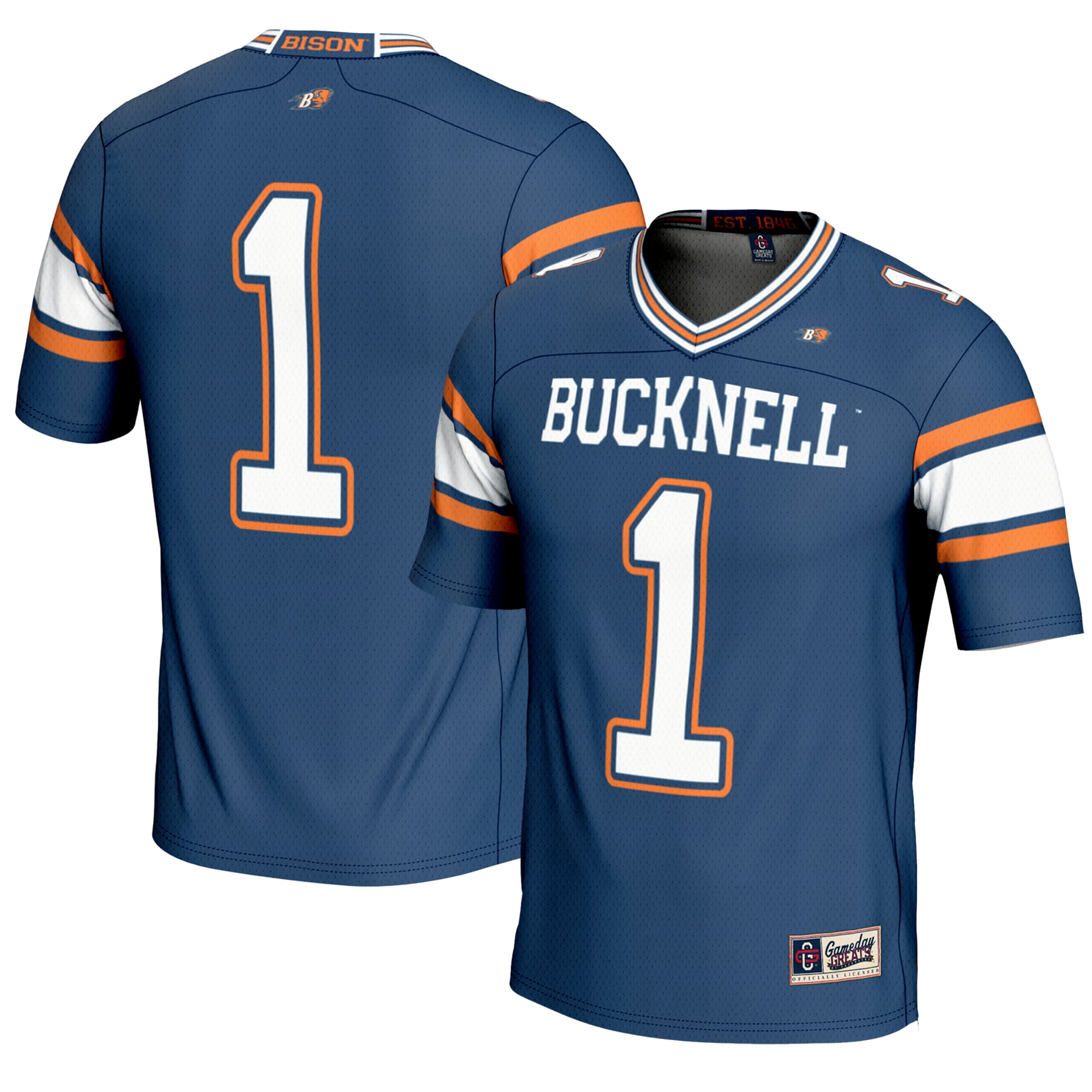 #1 Bucknell Bison Youth Endzone Football Jersey Blue - front and back view