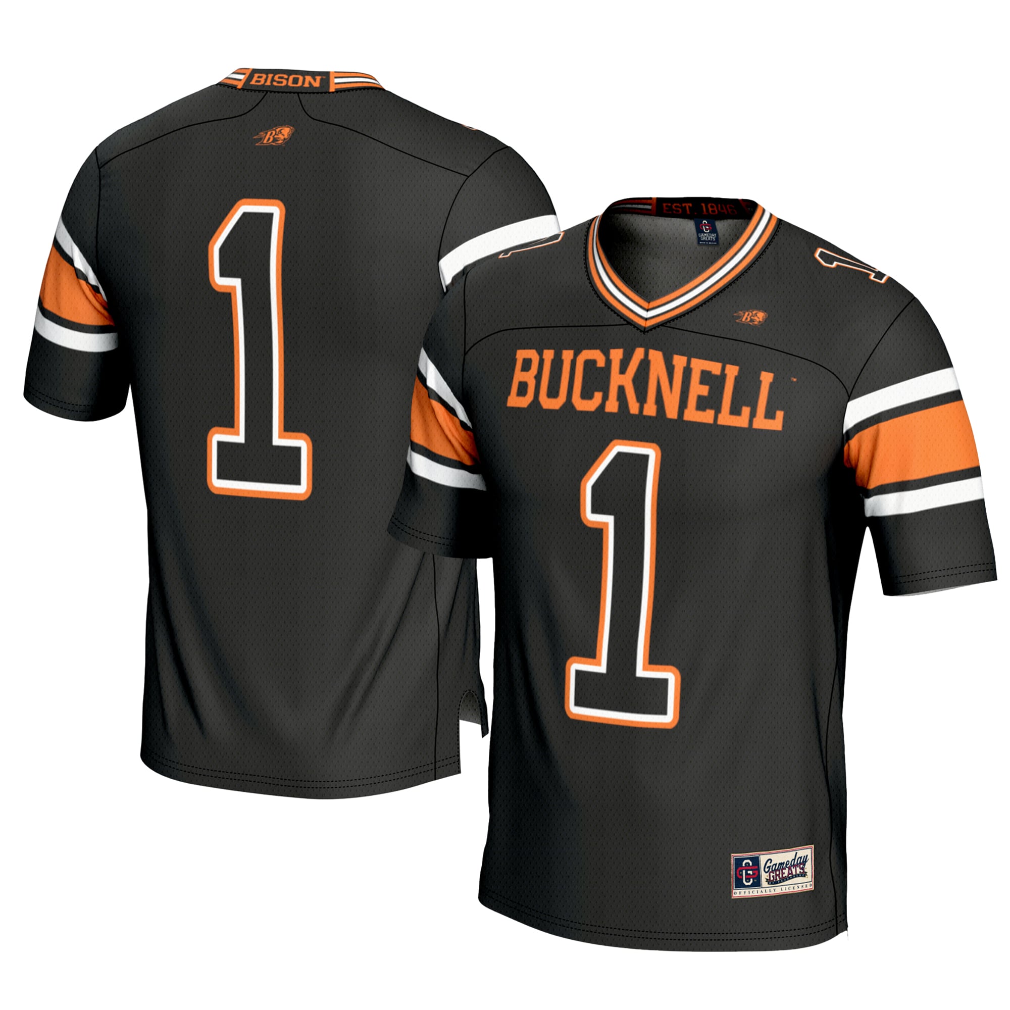 #1 Bucknell Bison Youth Football Jersey Black - front and back view