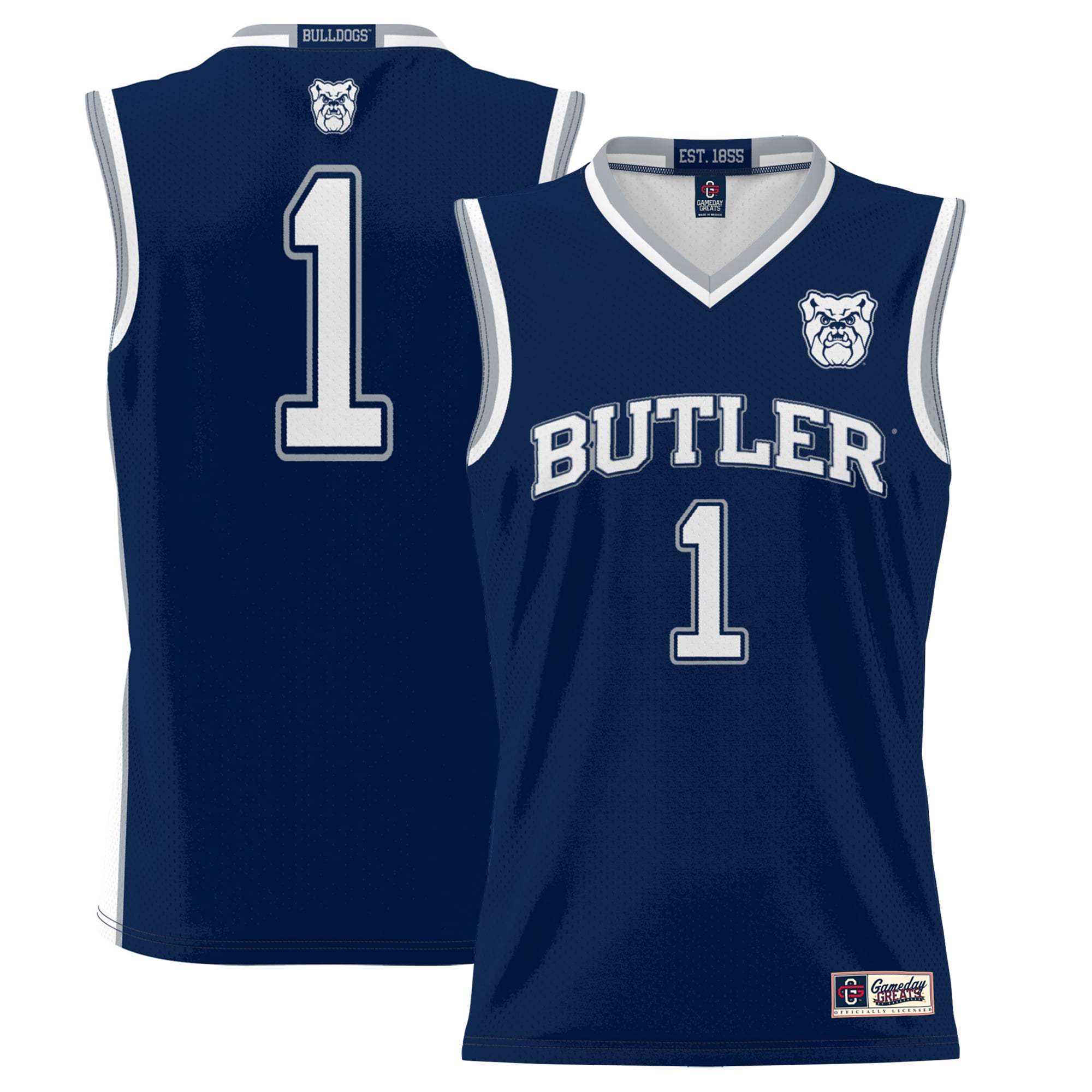 #1 Butler Bulldogs Youth Lightweight Basketball Jersey Navy - front and back view