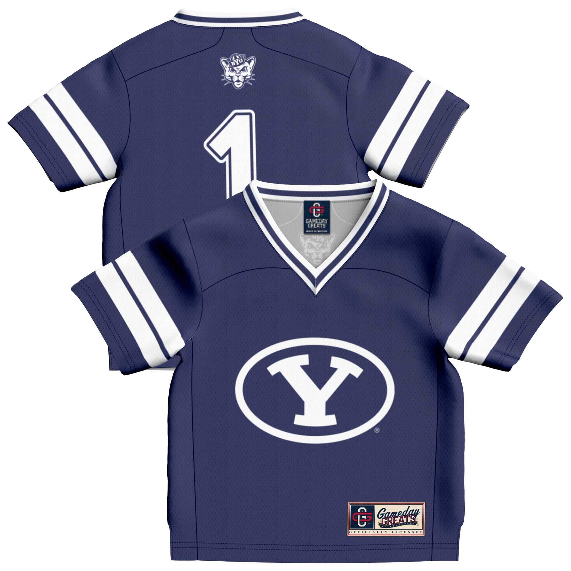 #1 BYU Cougars Infant Collegiate Football Fashion Jersey Navy - front and back view