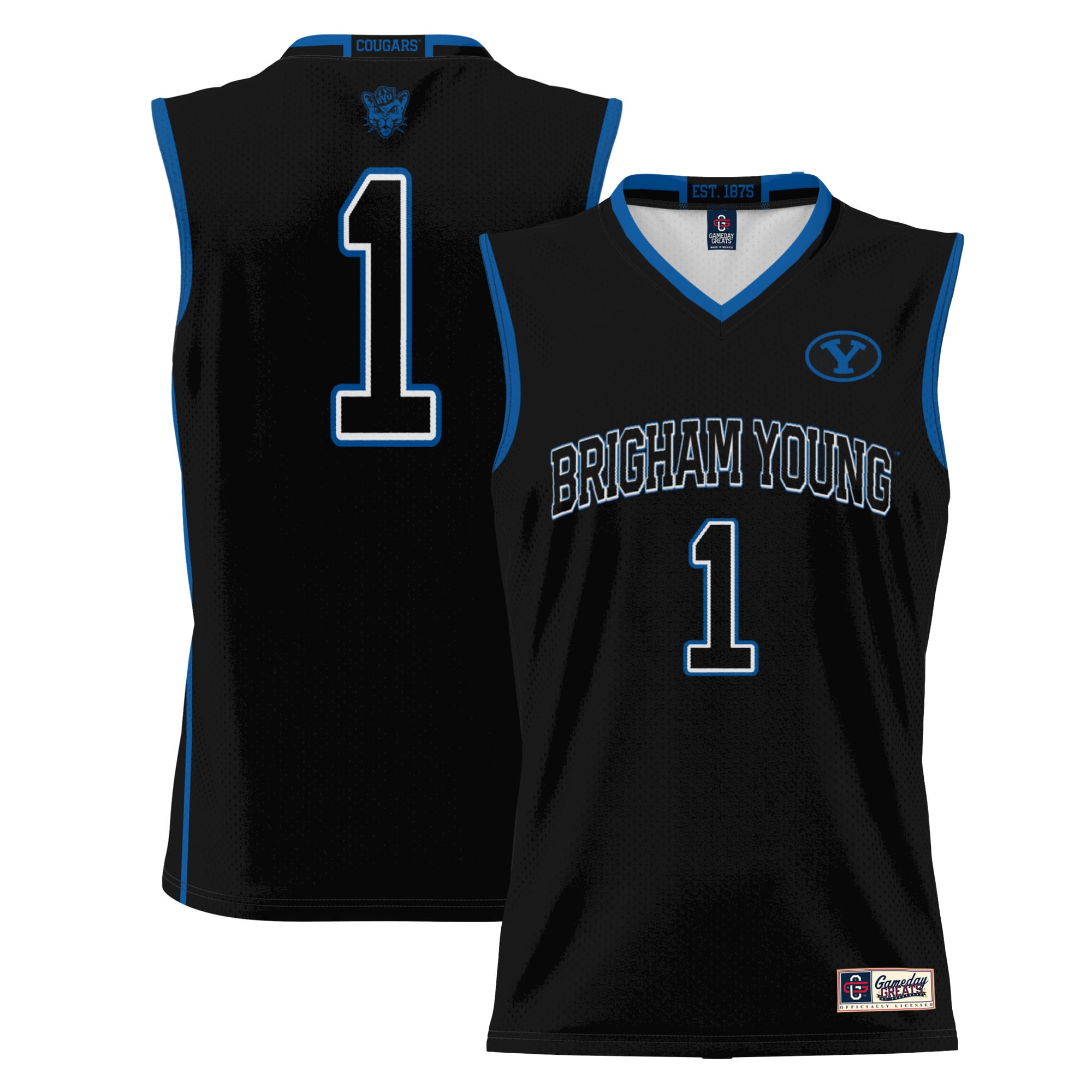 #1 BYU Cougars Lightweight Basketball Jersey Black - front and back view