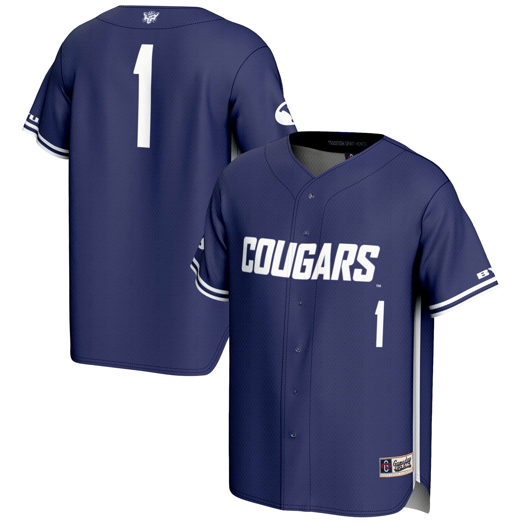 #1 BYU Cougars Youth Lightweight Baseball Jersey Navy - front and back view