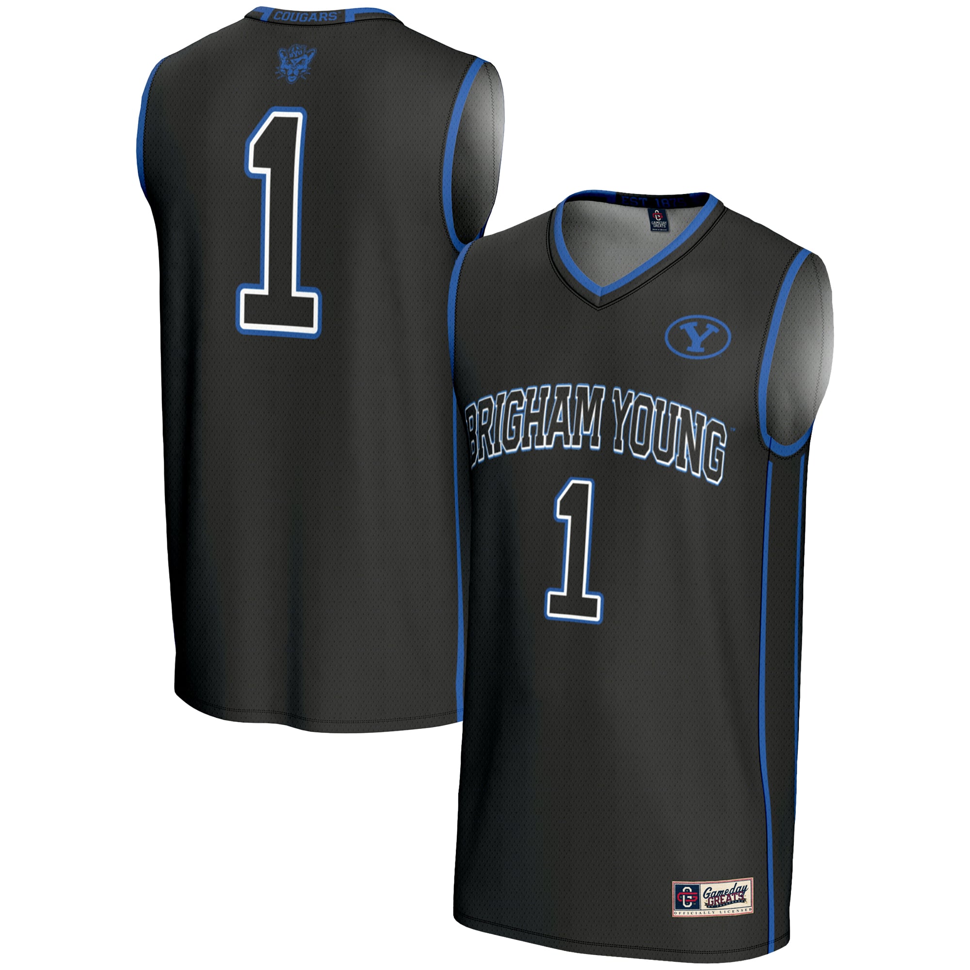 #1 BYU Cougars Youth Lightweight Basketball Jersey Black - front and back view