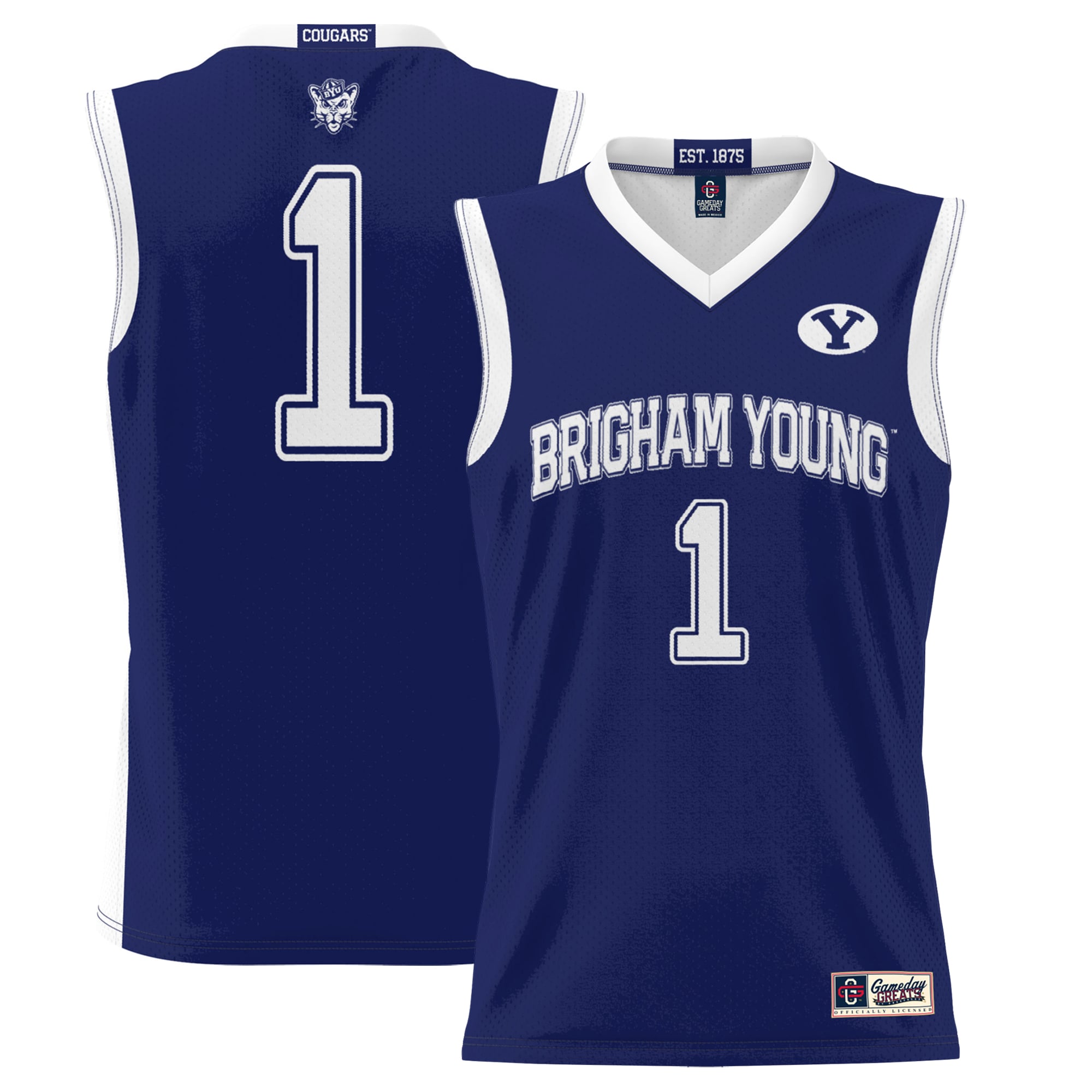 #1 BYU Cougars Youth Lightweight Basketball Jersey Navy - front and back view