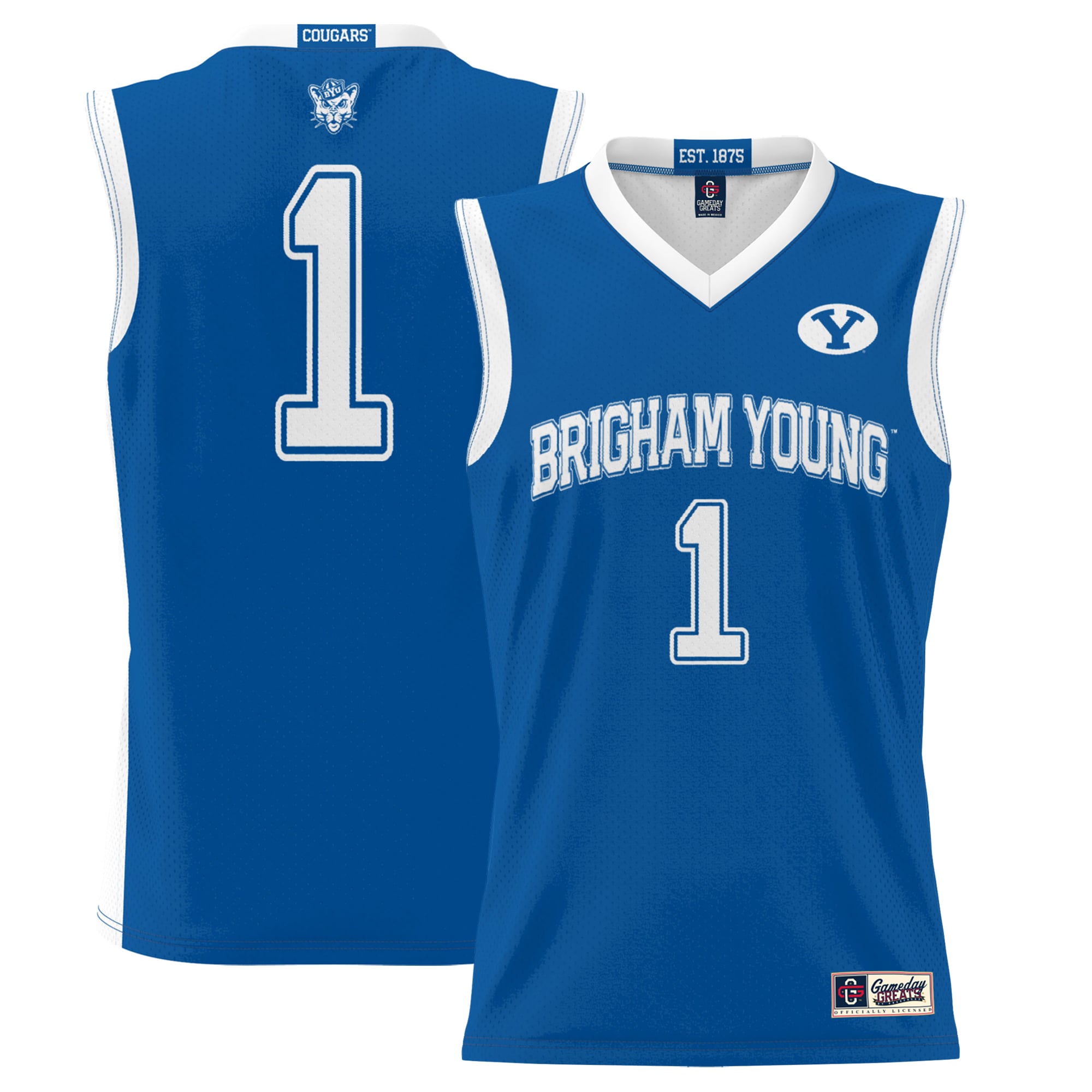 #1 BYU Cougars Youth Lightweight Basketball Jersey Royal - front and back view