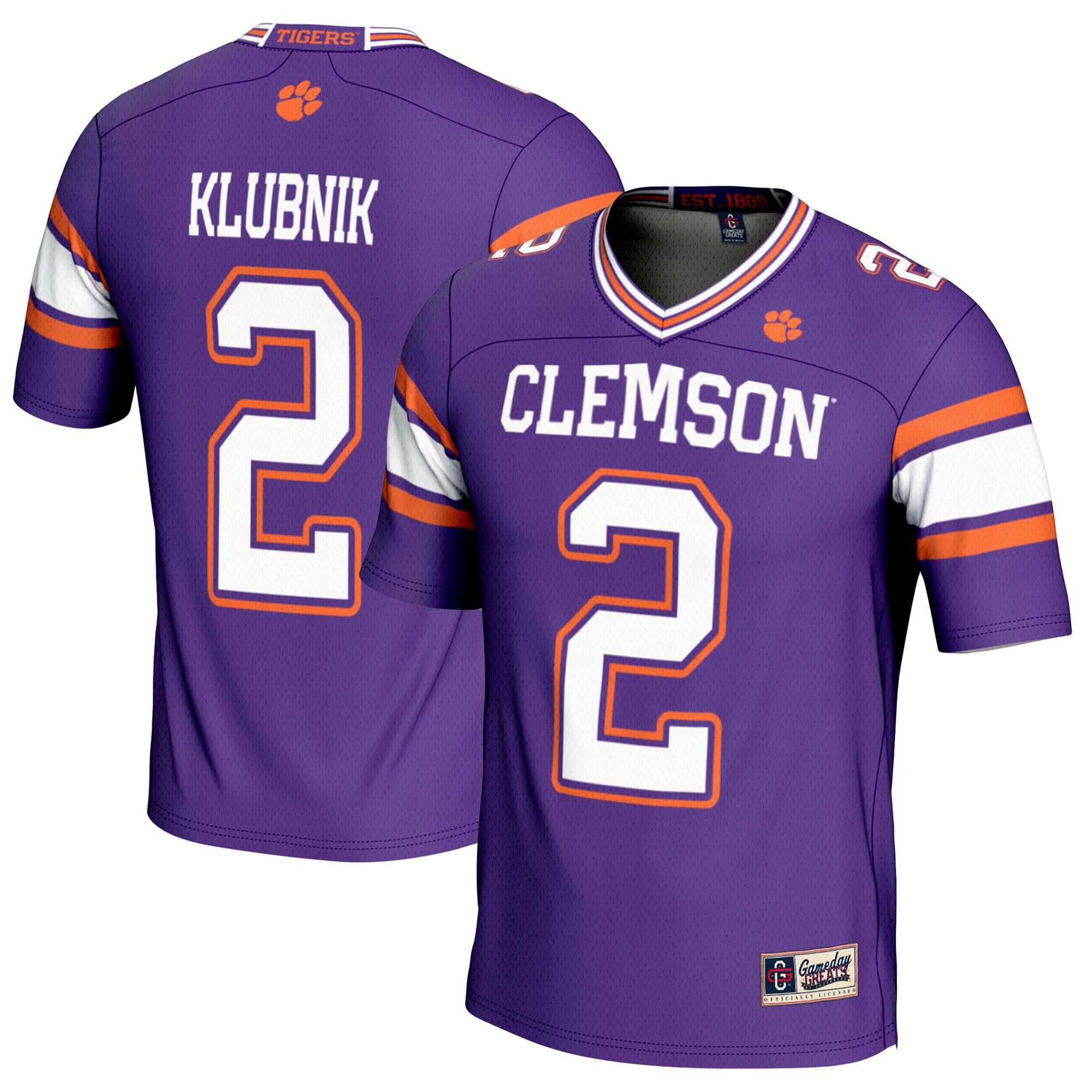 Cade Klubnik Clemson Tigers Youth Player Football Jersey Purple - front and back view