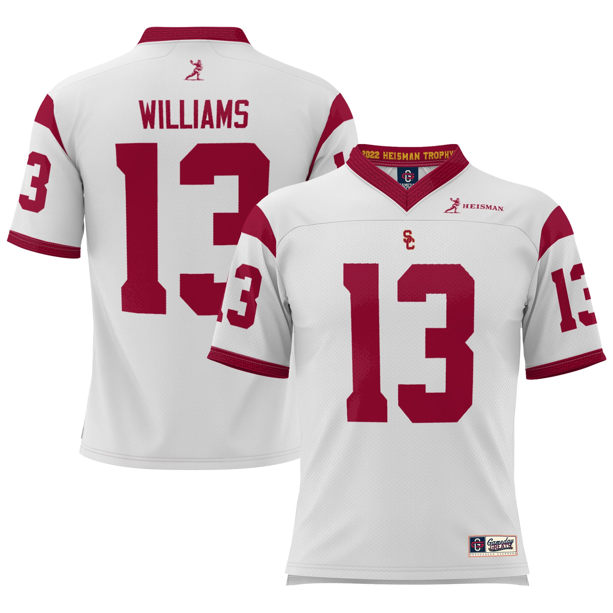 Caleb Williams USC Trojans Lightweight Heisman Memorial Jersey White - front and back view