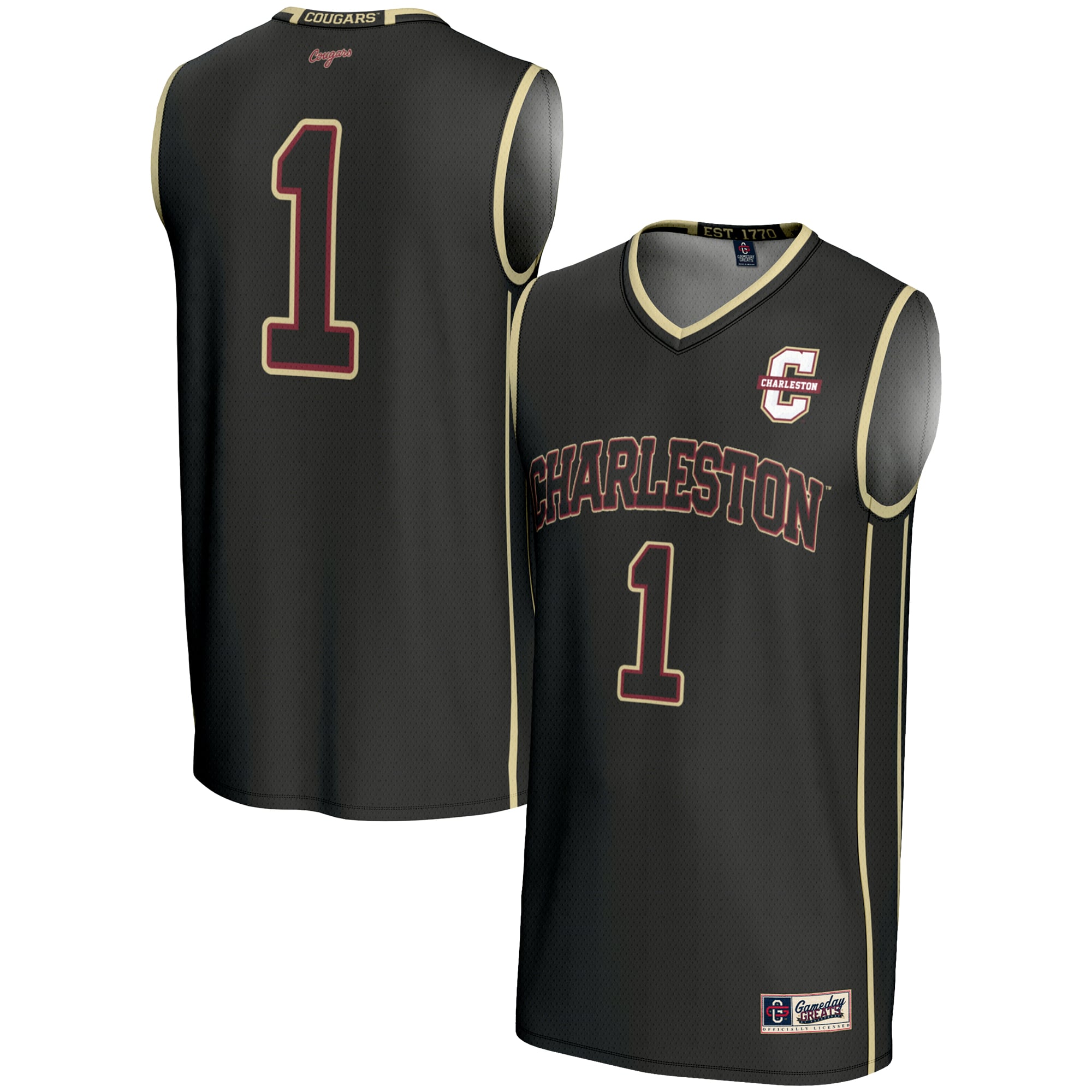 Charleston Cougars Unisex #1 Basketball Jersey Black - front and back view