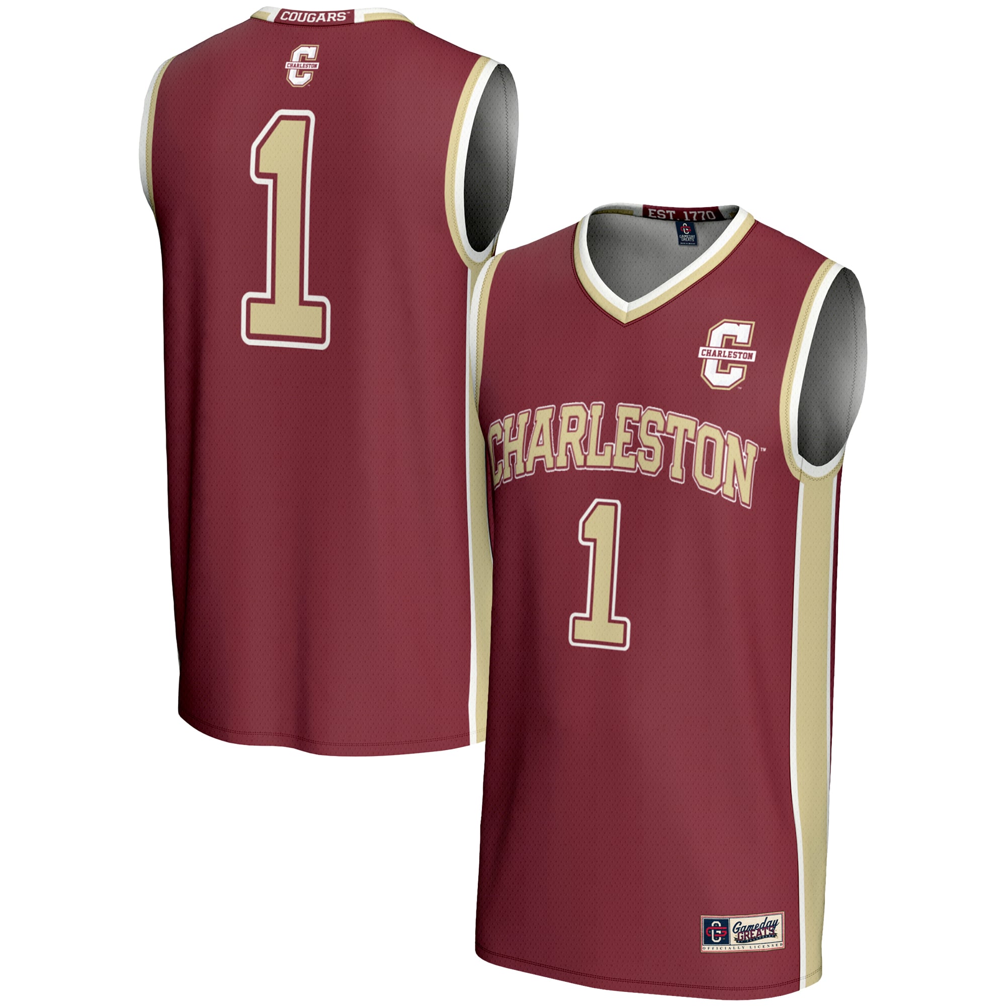 Charleston Cougars Unisex #1 Basketball Jersey Maroon - front and back view