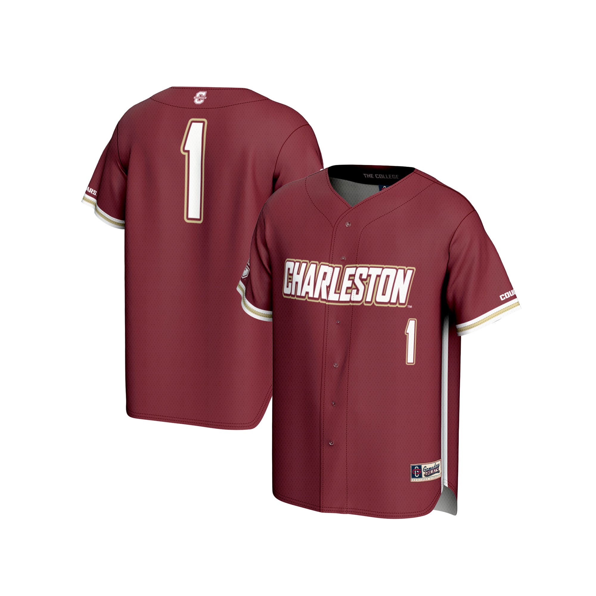 #1 Charleston Cougars Unisex Lightweight Baseball Fashion Jersey Maroon - front and back view