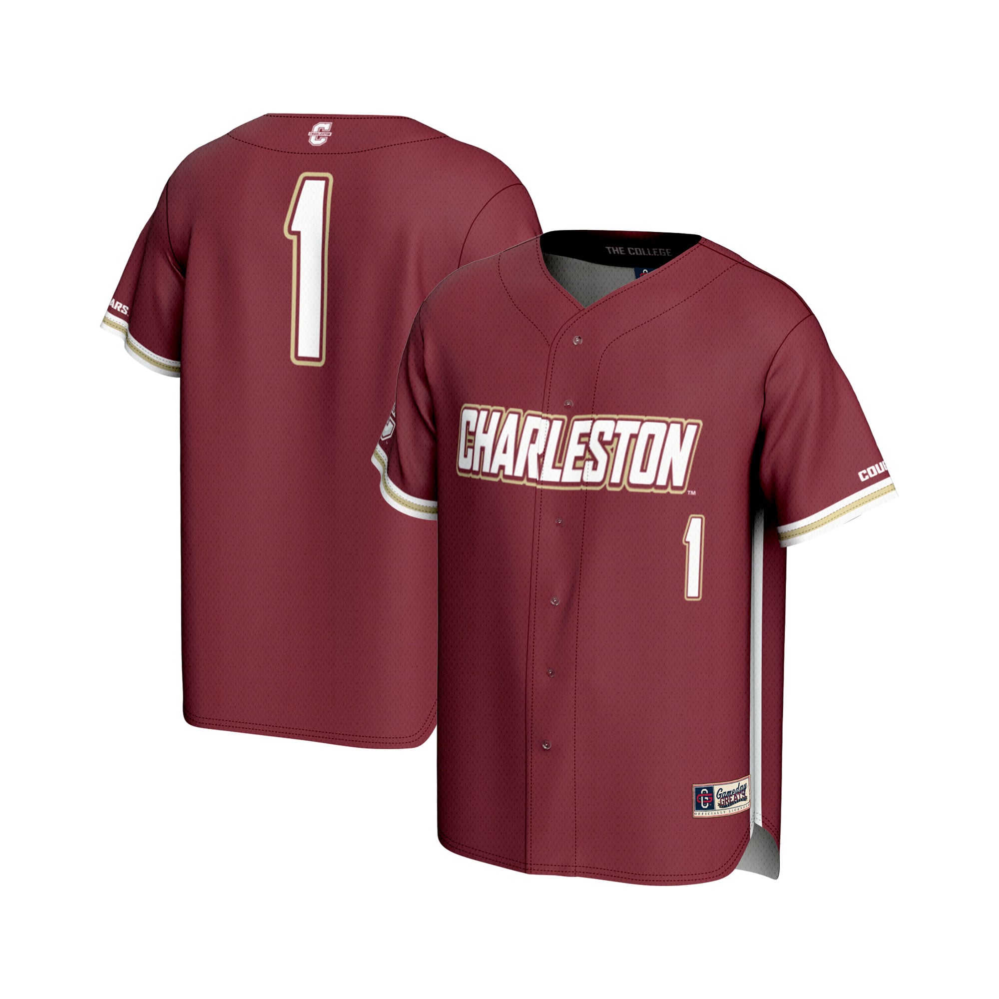 #1 Charleston Cougars Youth Lightweight Baseball Fashion Jersey Maroon - front and back view