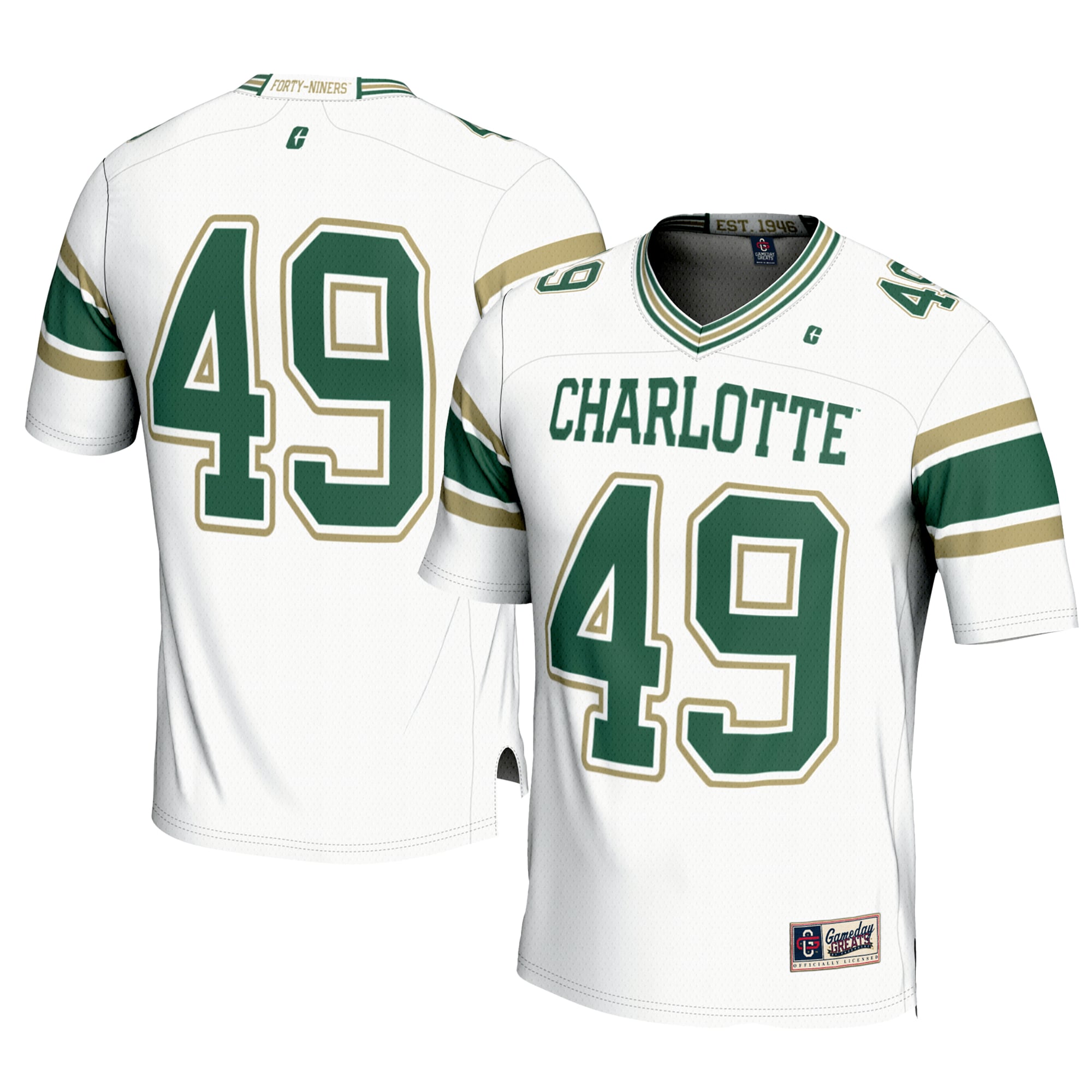 #49 Charlotte 49ers Football Jersey White - front and back view