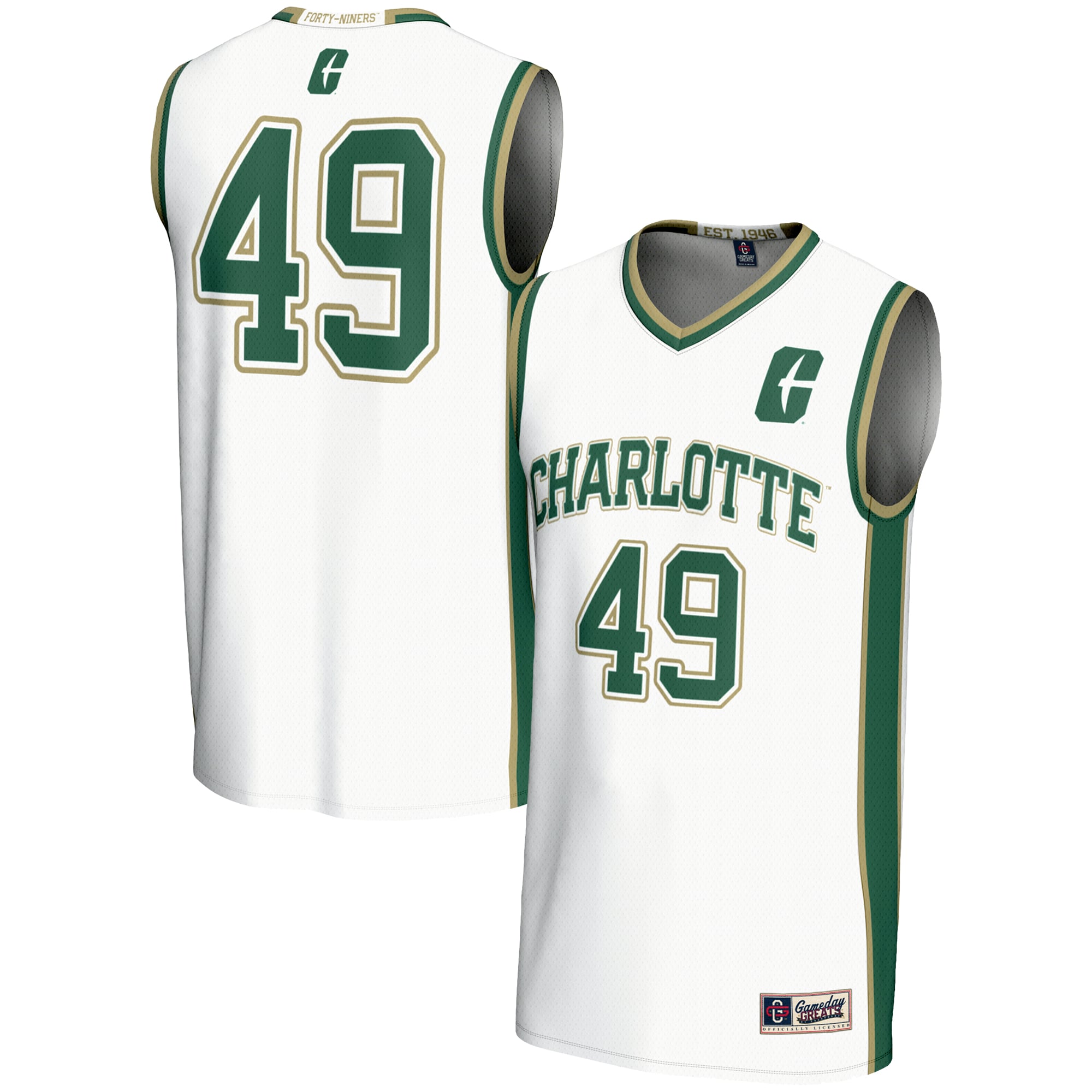 #49 Charlotte 49ers Unisex Lightweight Basketball Jersey White - front and back view