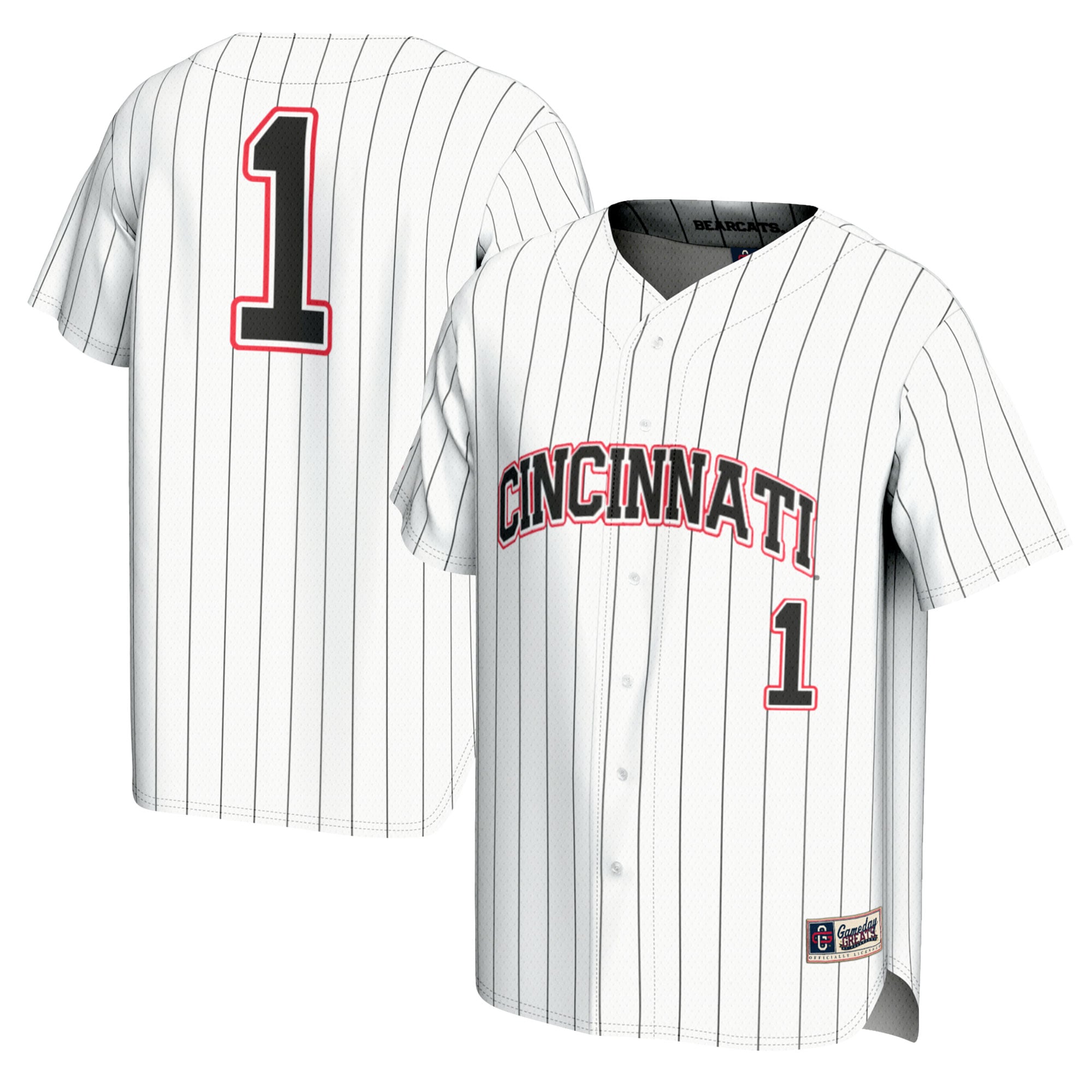 #1 Cincinnati Bearcats Unisex Lightweight Baseball Fashion Jersey White - front and back view