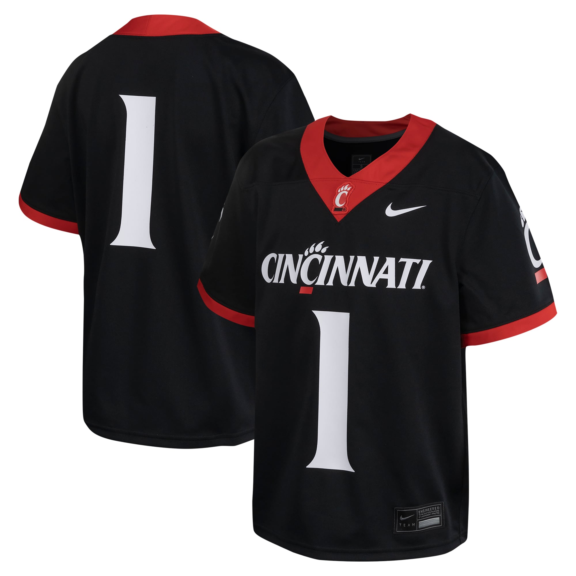 #1 Cincinnati Bearcats Youth Football Jersey Black - front and back view