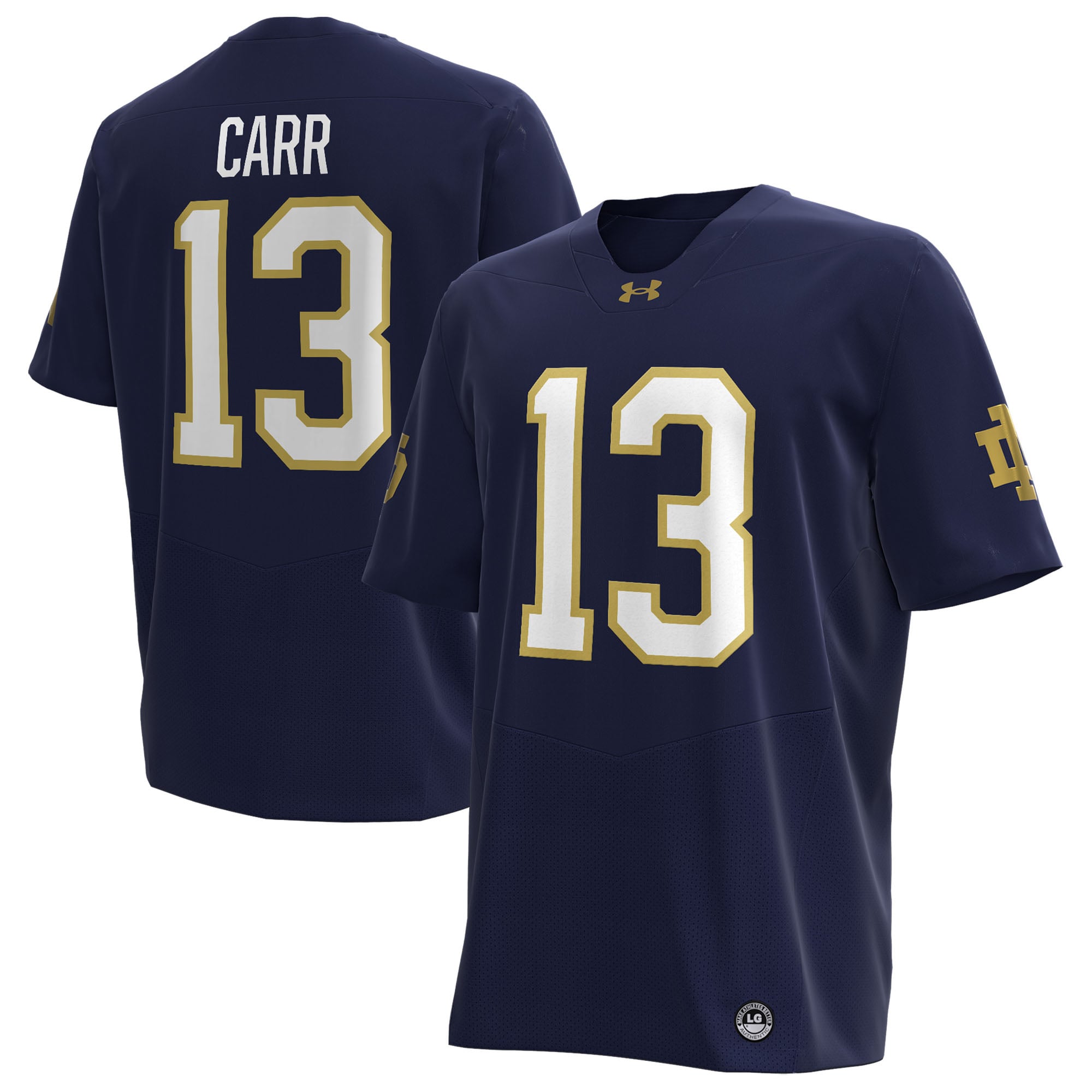 CJ Carr Notre Dame Fighting Irish Home Football Jersey Navy - front and back view