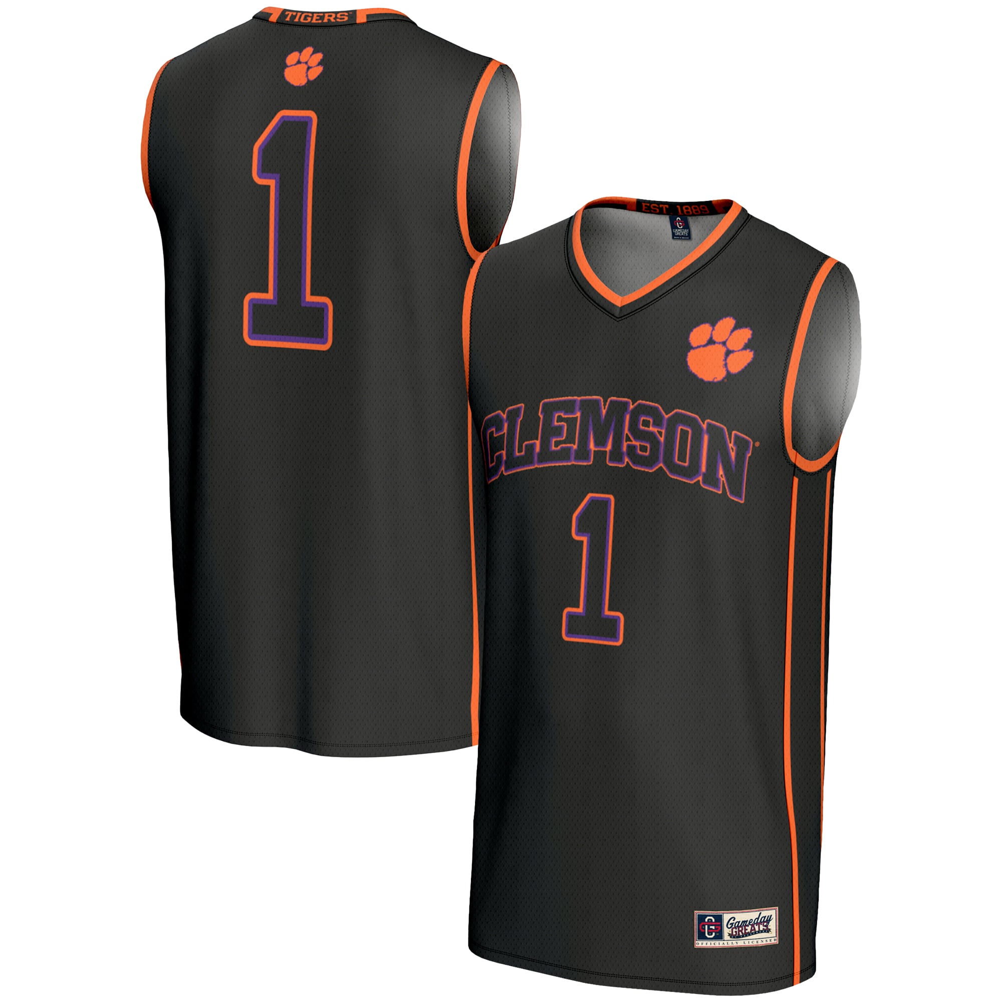 #1 Clemson Tigers Lightweight Basketball Jersey Black - front and back view