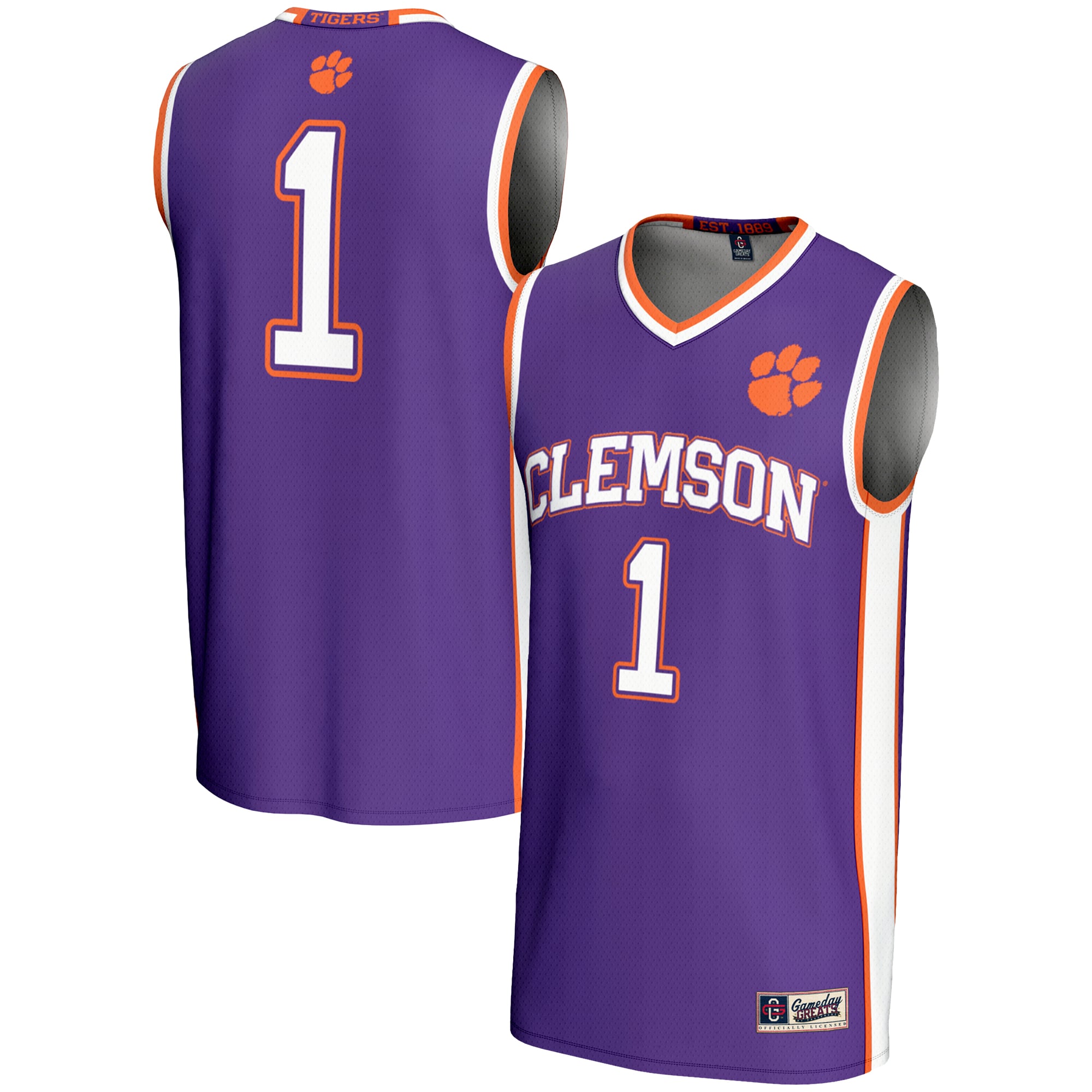 #1 Clemson Tigers Lightweight Basketball Jersey Purple - front and back view