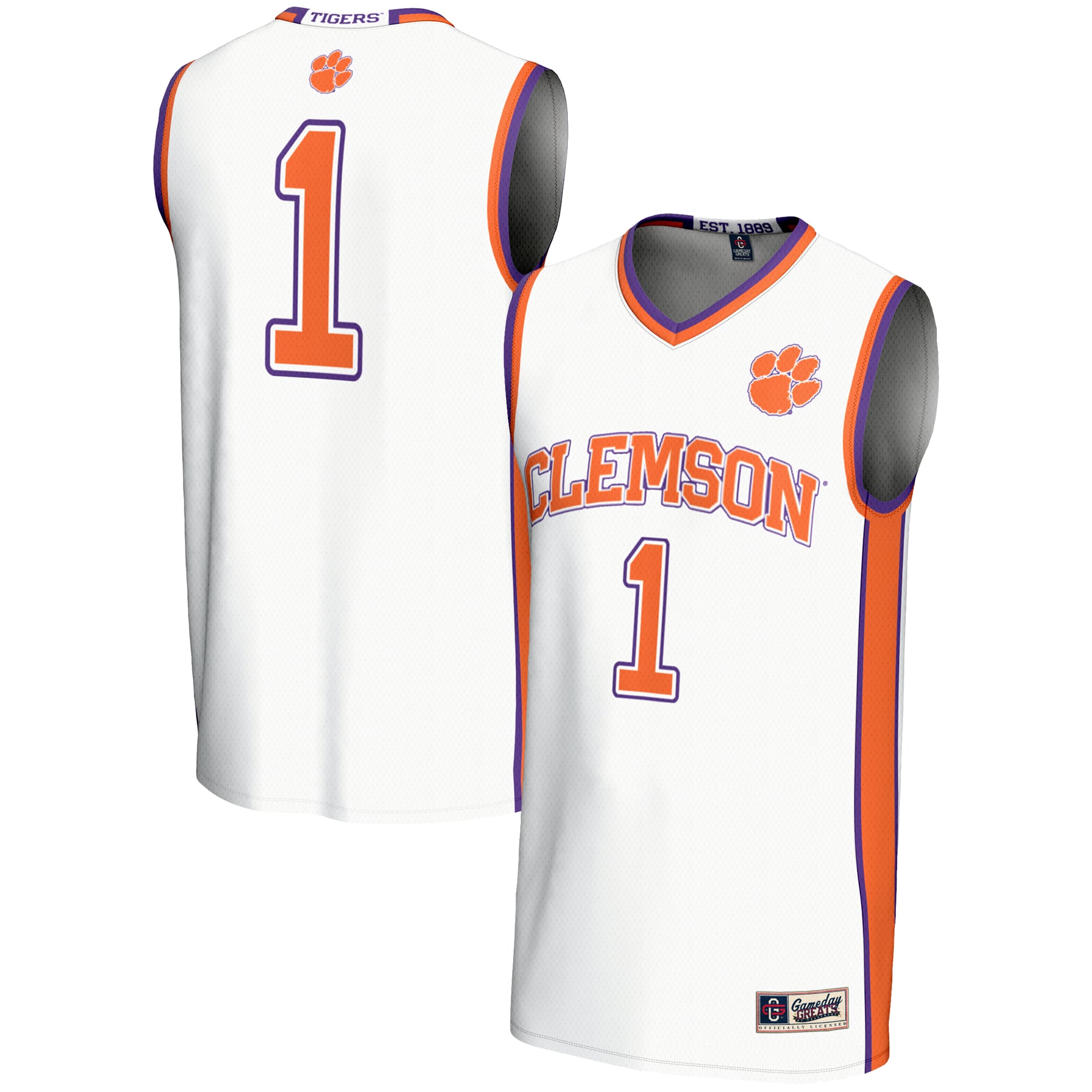 #1 Clemson Tigers Lightweight Basketball Jersey White - front and back view