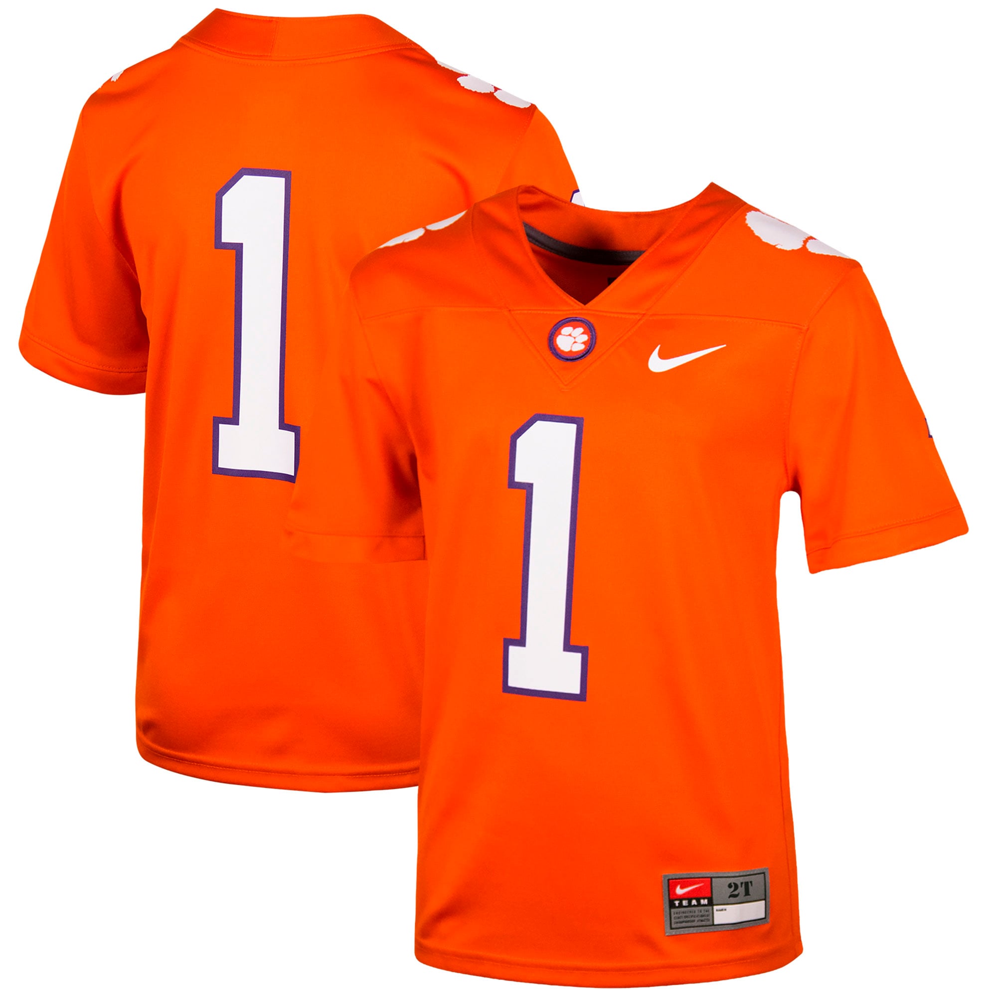 #1 Clemson Tigers Toddler Football Jersey Orange - front and back view