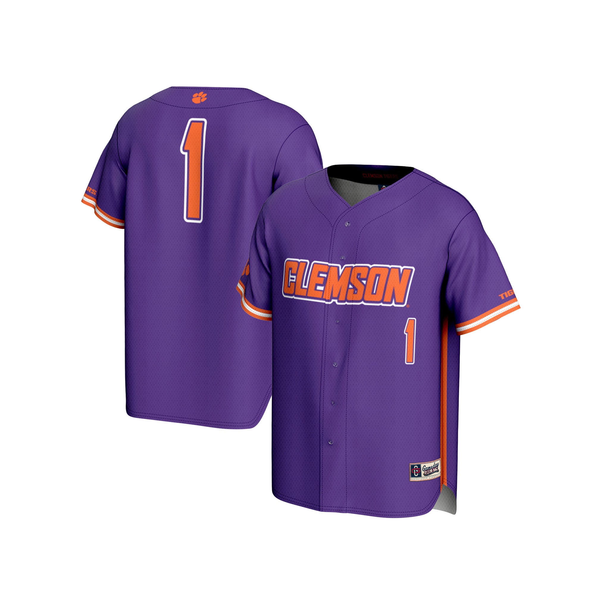 #1 Clemson Tigers Unisex Lightweight Baseball Fashion Jersey Purple - front and back view