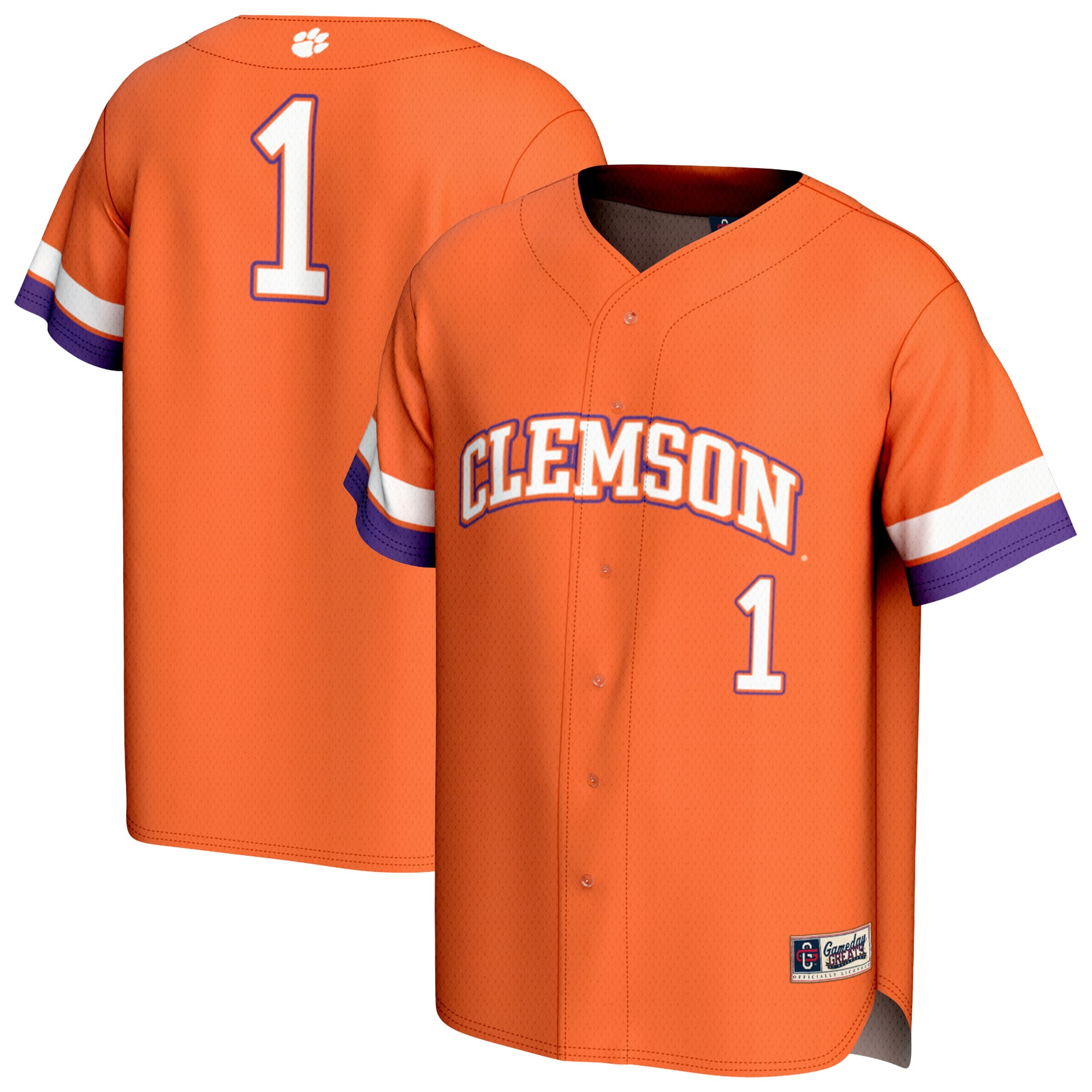 #1 Clemson Tigers Unisex Lightweight Collegiate Baseball Fashion Jersey - front and back view