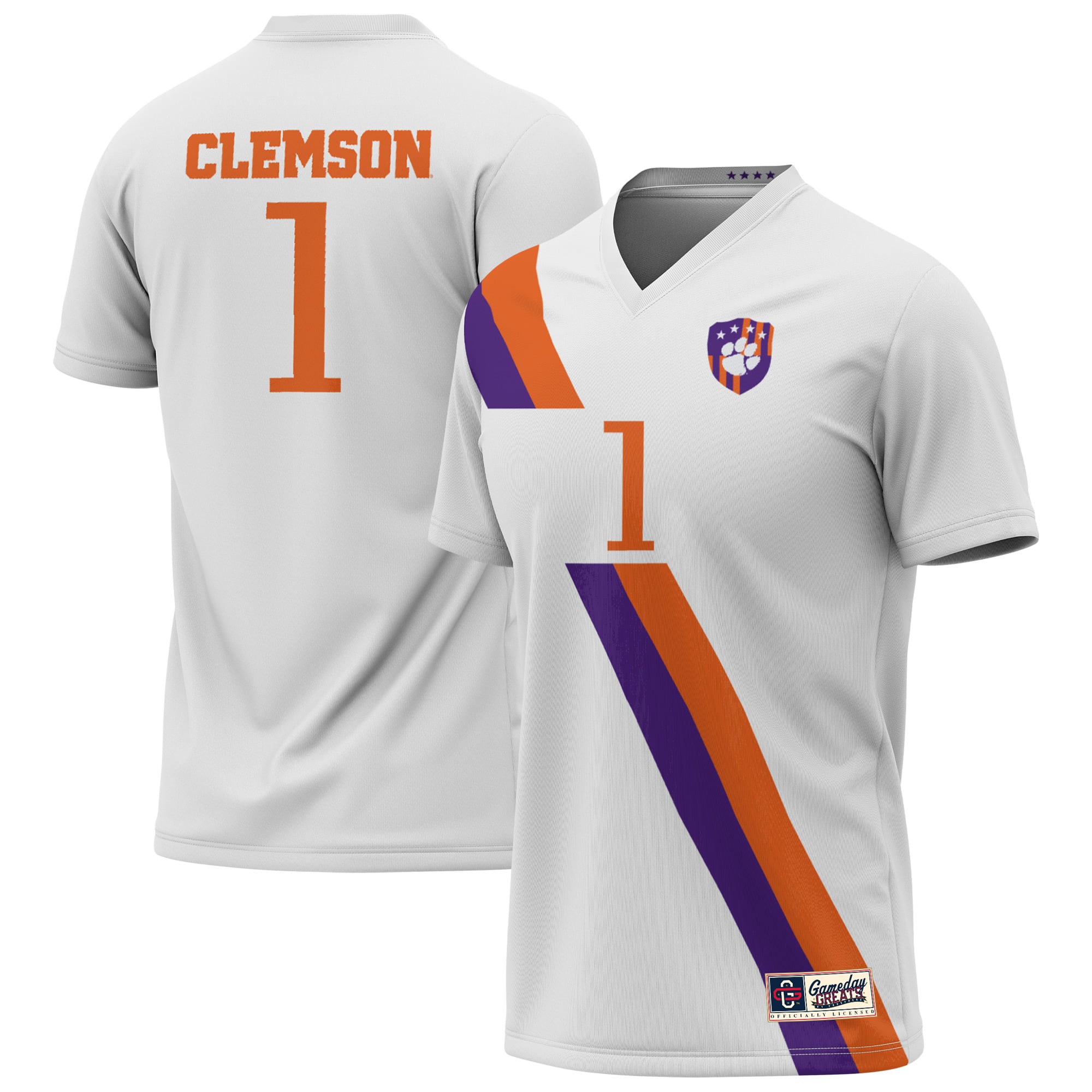 #1 Clemson Tigers Unisex Lightweight Collegiate Soccer Fashion Jersey White - front and back view