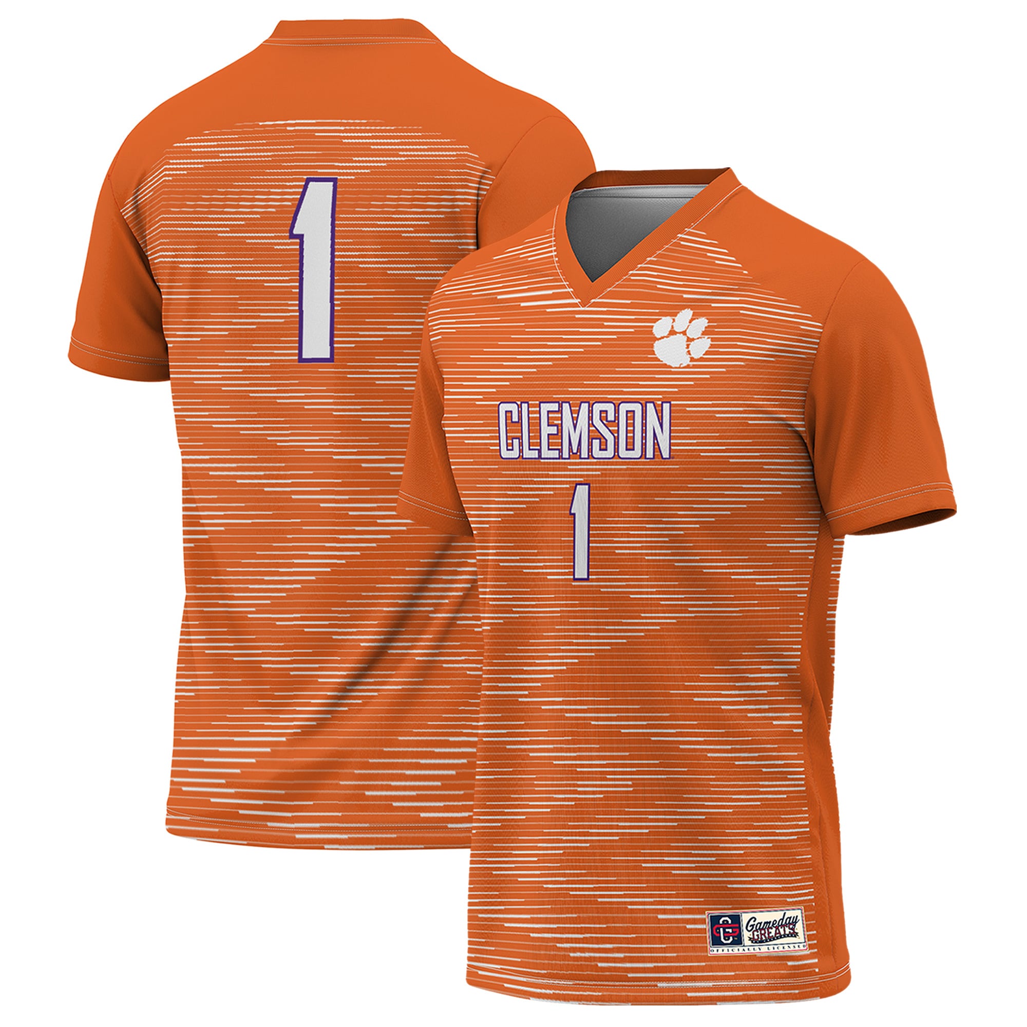 #1 Clemson Tigers Unisex Lightweight Soccer Jersey Orange - front and back view