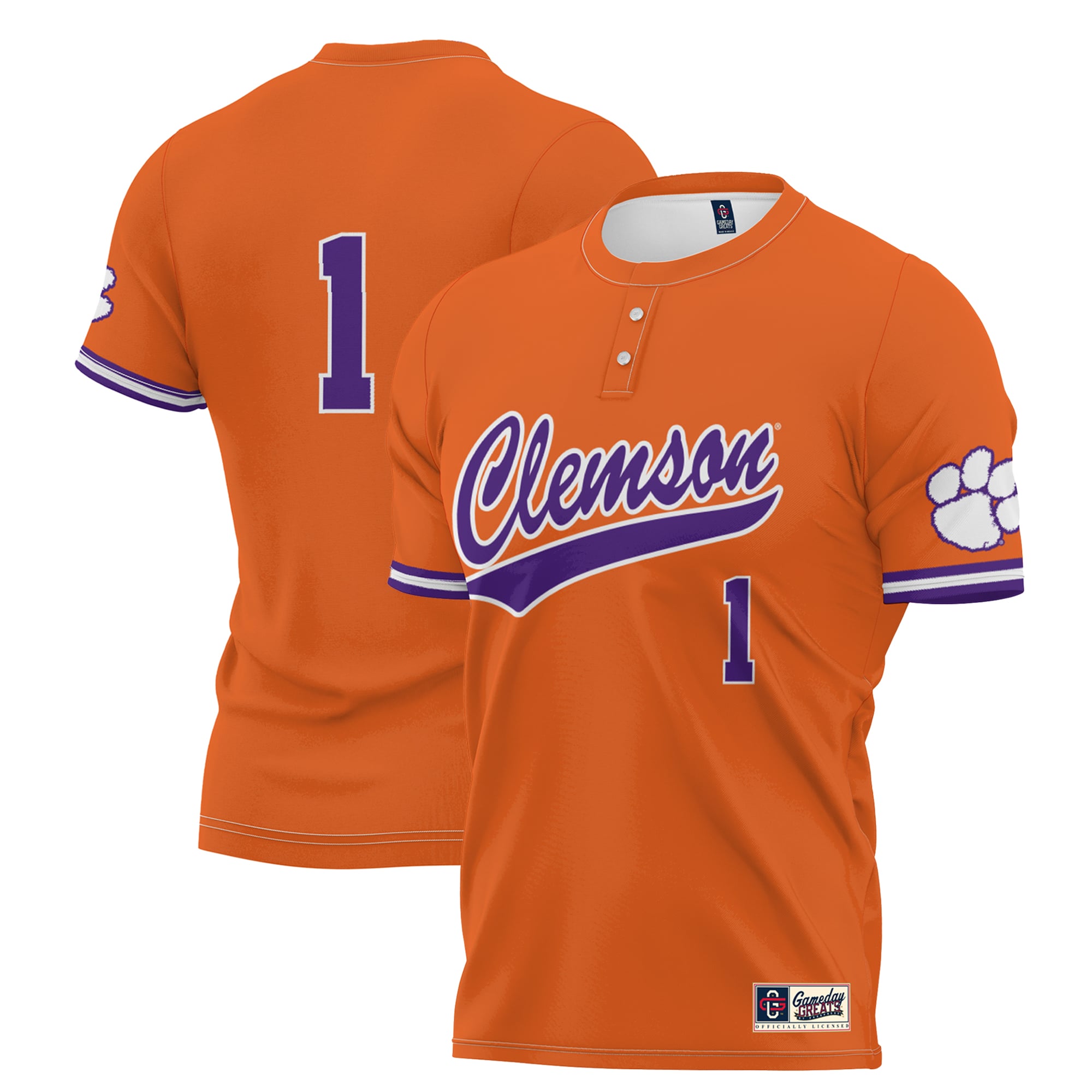 #1 Clemson Tigers Unisex Lightweight Softball Jersey Orange - front and back view