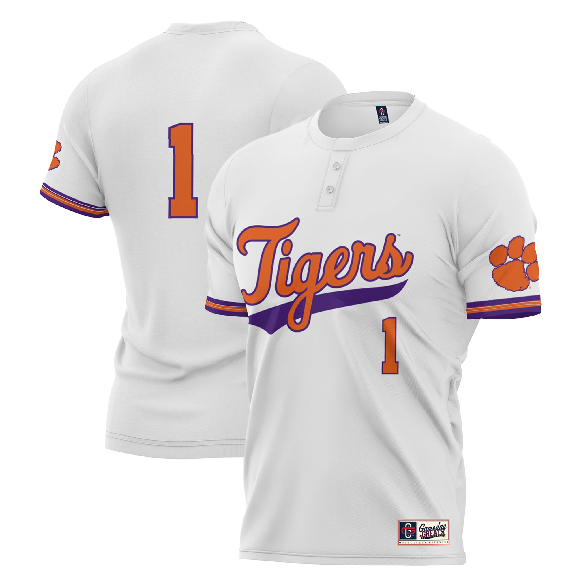 #1 Clemson Tigers Unisex Lightweight Softball Jersey White - front and back view