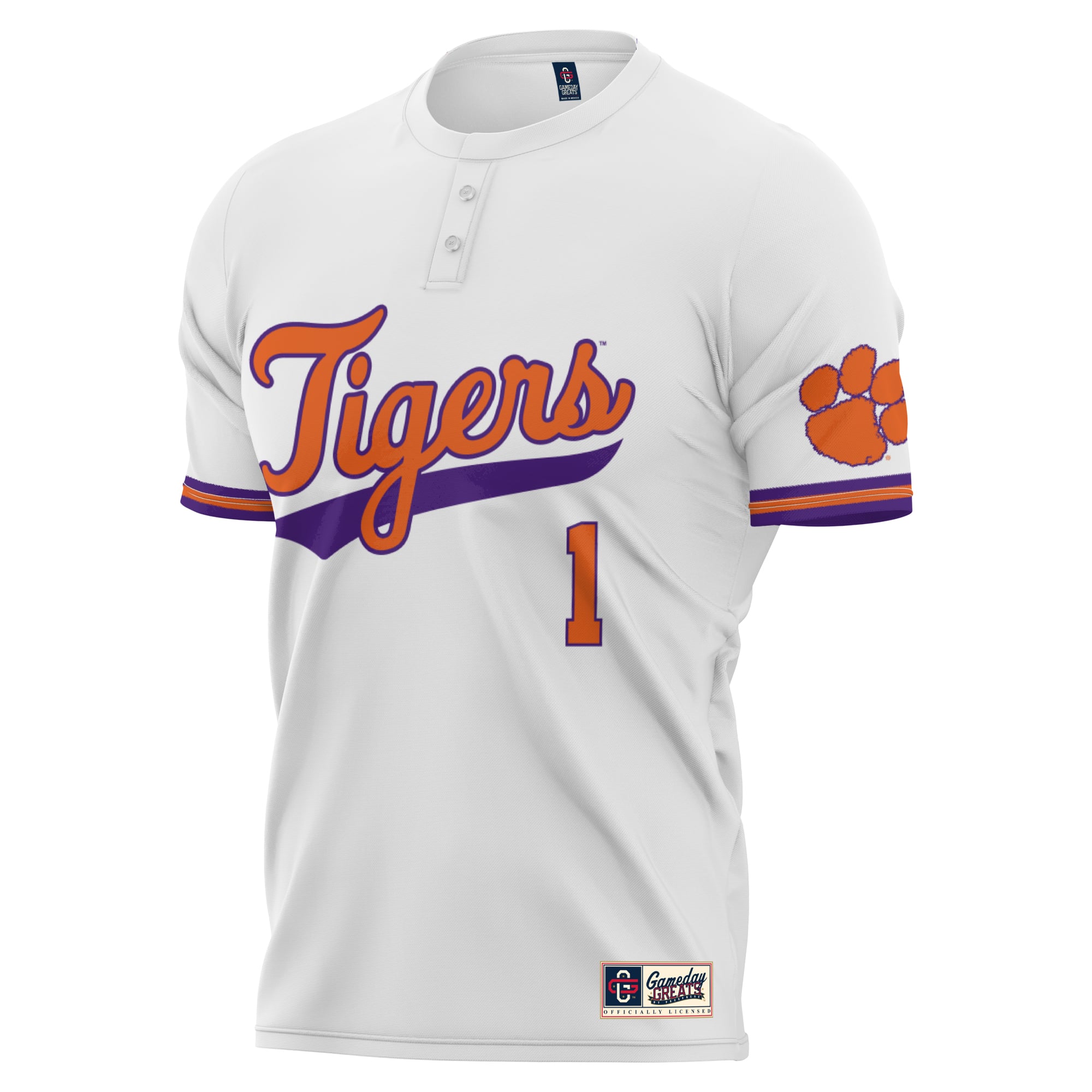 #1 Clemson Tigers Unisex Lightweight Softball Jersey White - front view