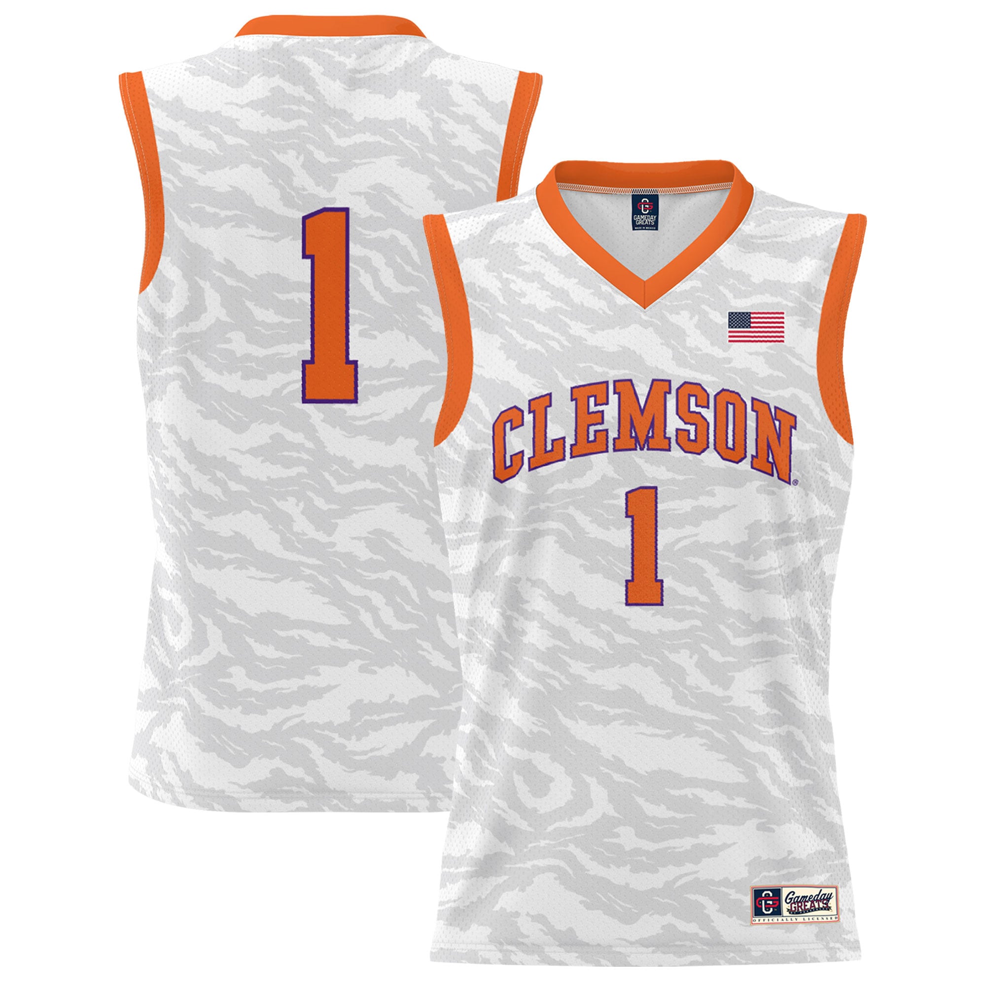 #1 Clemson Tigers Unisex Lightweight Tiger Print Basketball Jersey White - front and back view