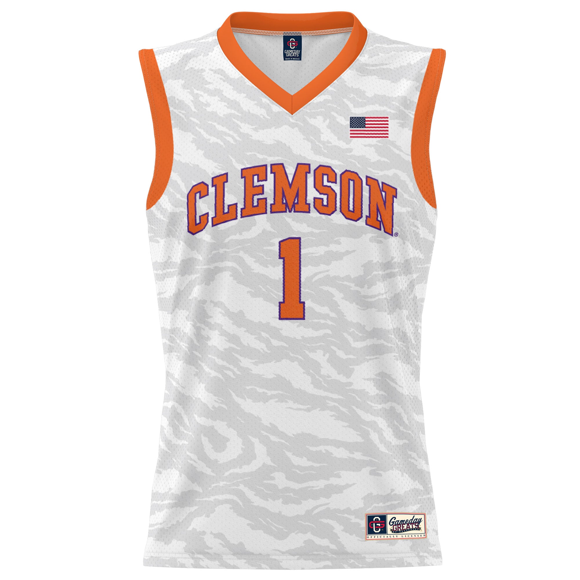 #1 Clemson Tigers Youth Tiger Print Lightweight Basketball Jersey White - front view