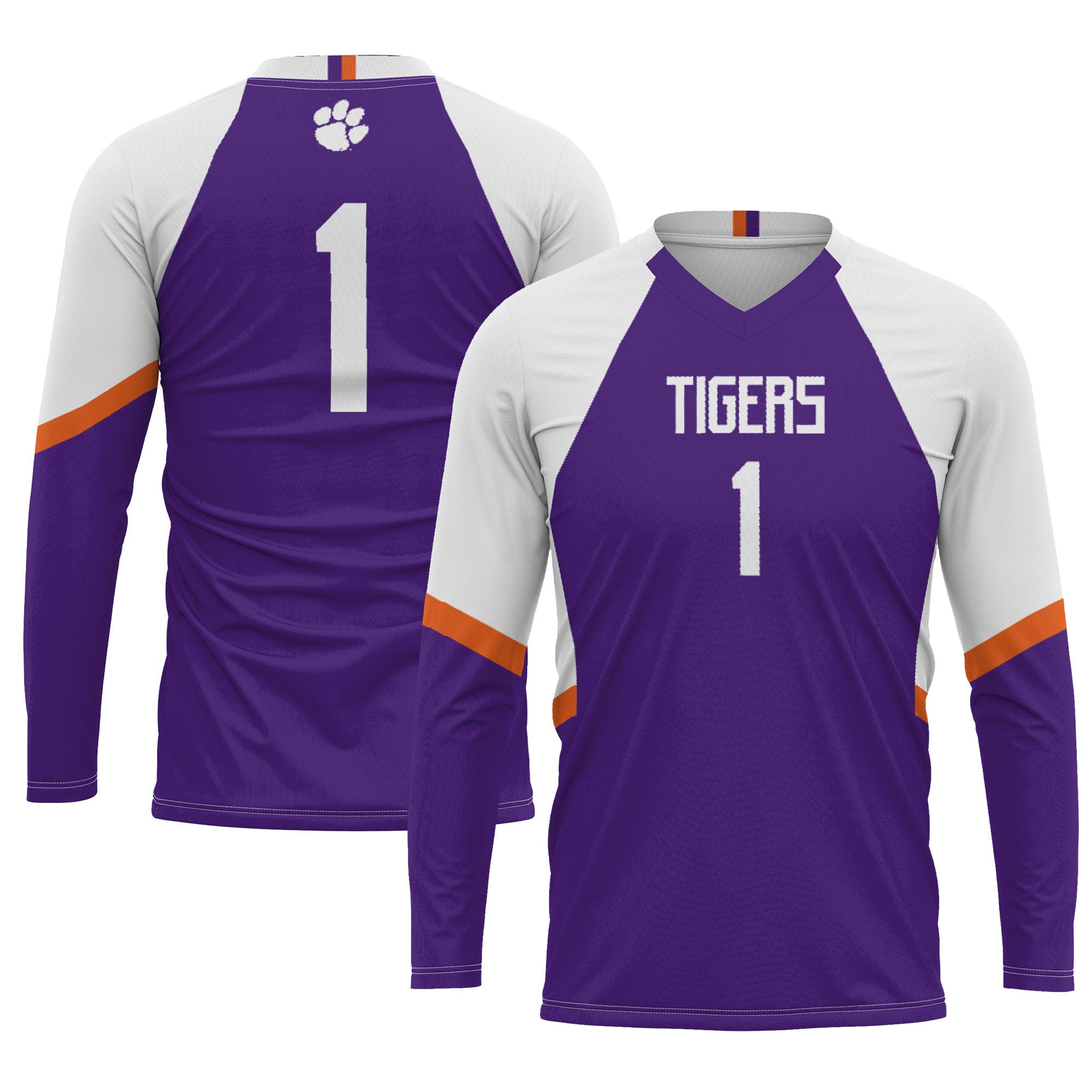 #1 Clemson Tigers Unisex Lightweight Volleyball Jersey Purple - front and back view