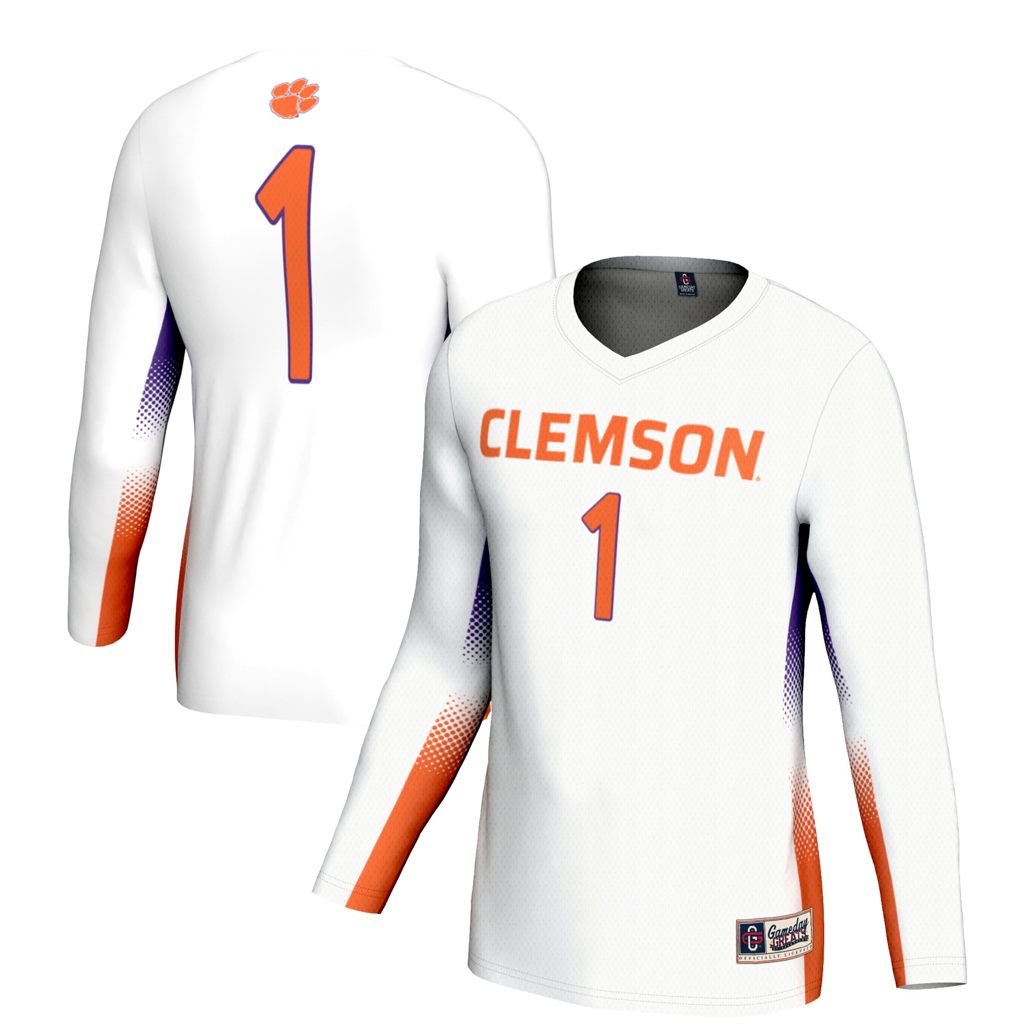 #1 Clemson Tigers Unisex Lightweight Volleyball Jersey White - front and back view