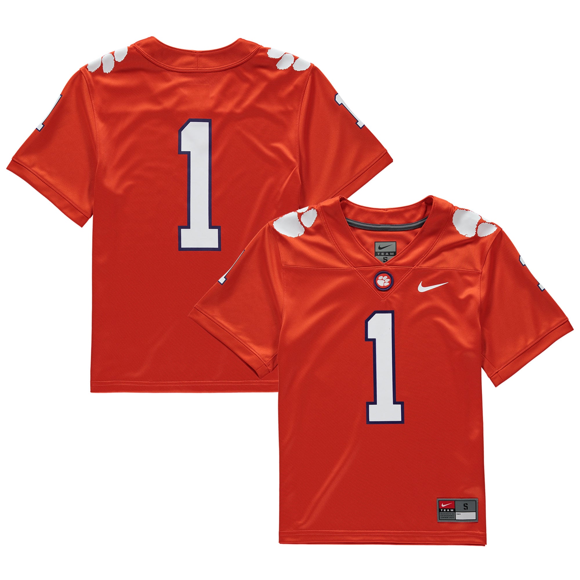 #1 Clemson Tigers Youth Football Jersey Orange - front and back view