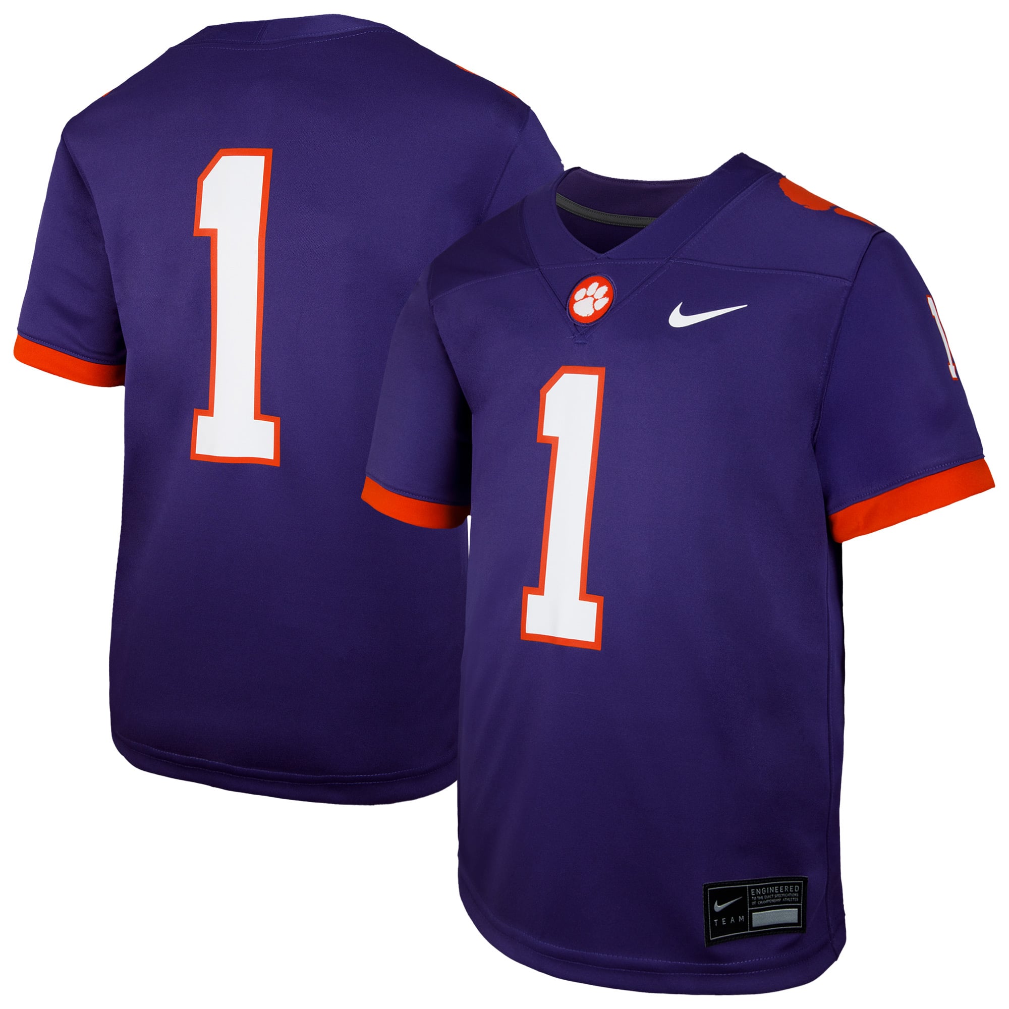 #1 Clemson Tigers Youth Jersey Purple - front and back view