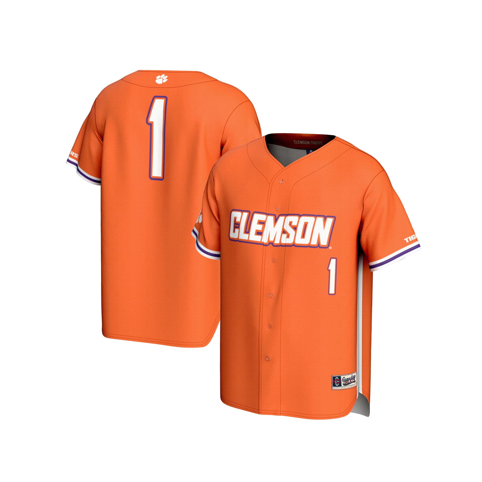 #1 Clemson Tigers Youth Lightweight Baseball Fashion Jersey Orange - front and back view