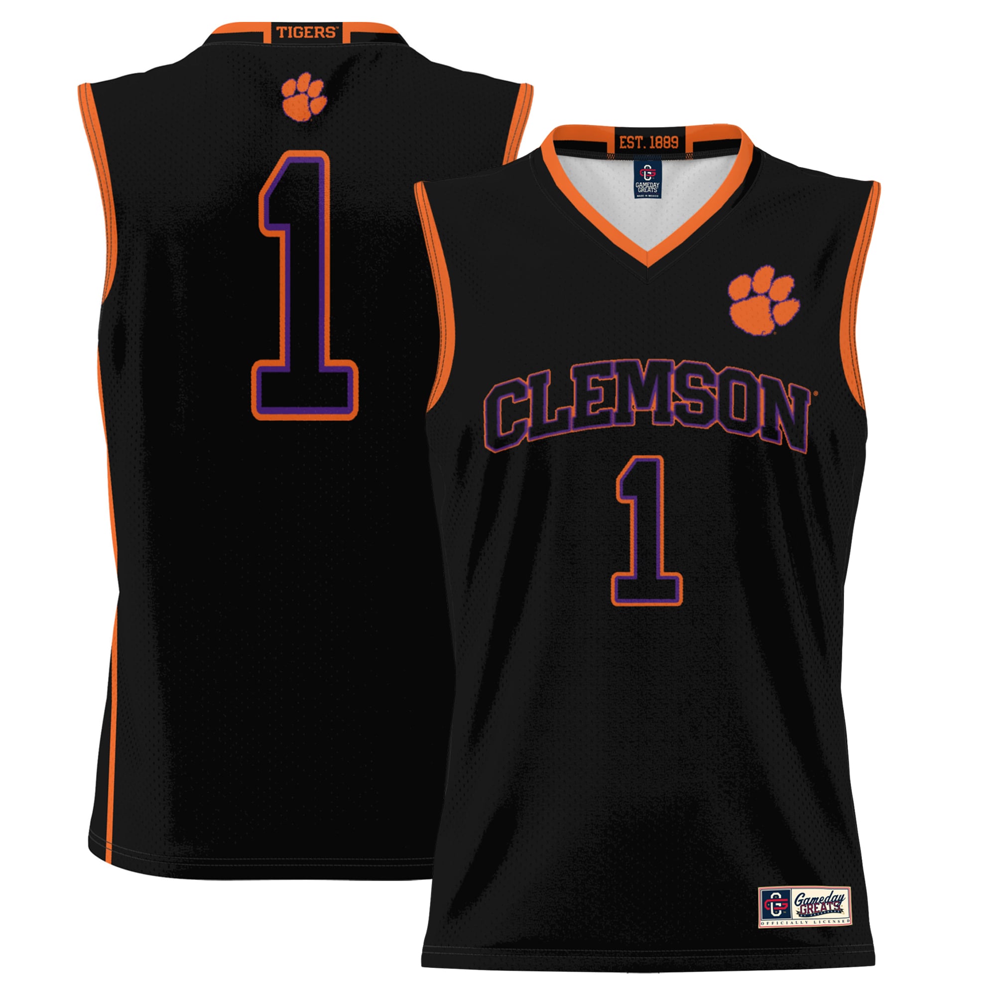 #1 Clemson Tigers Youth Lightweight Basketball Jersey Black - front and back view
