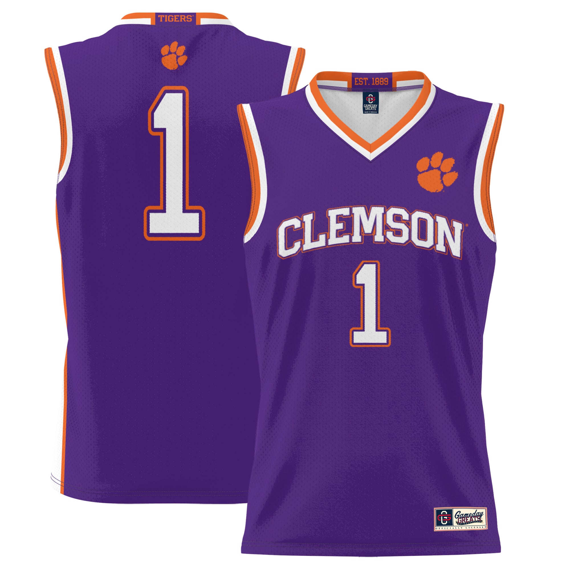 #1 Clemson Tigers Youth Lightweight Basketball Jersey Purple - front and back view