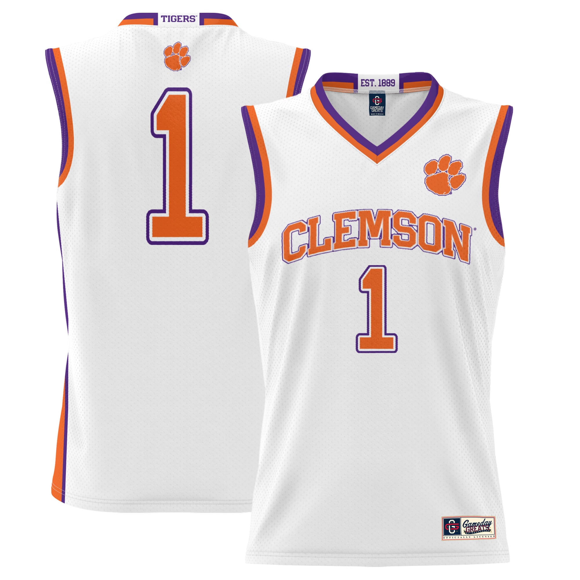 #1 Clemson Tigers Youth Lightweight Basketball Jersey White - front and back view