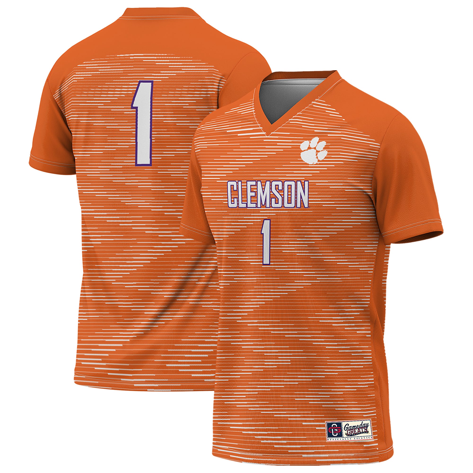 #1 Clemson Tigers Youth Lightweight Soccer Jersey Orange - front and back view
