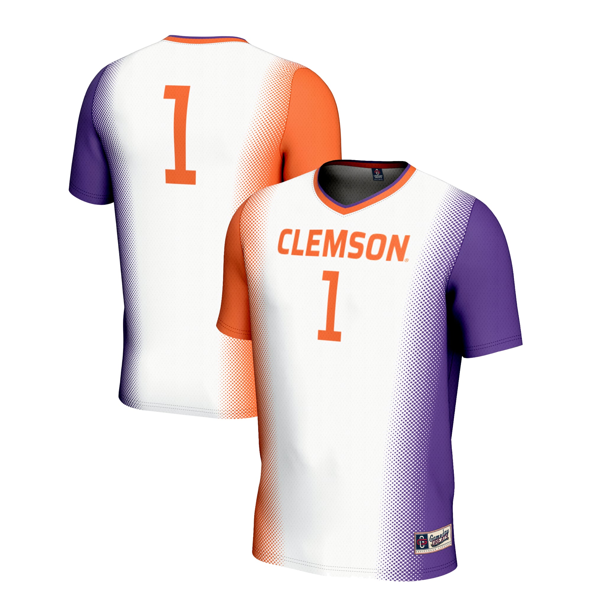 #1 Clemson Tigers Youth Lightweight Women's Soccer Jersey White - front and back view