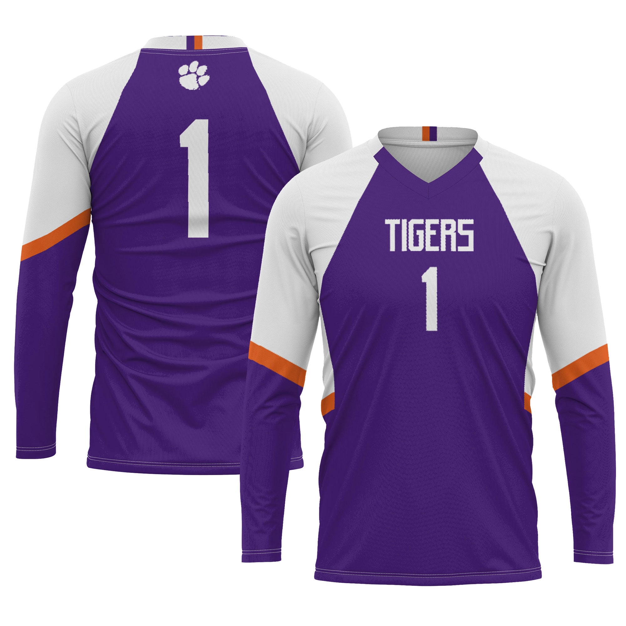 #1 Clemson Tigers Youth Lightweight Women's Volleyball Jersey Purple - front and back view